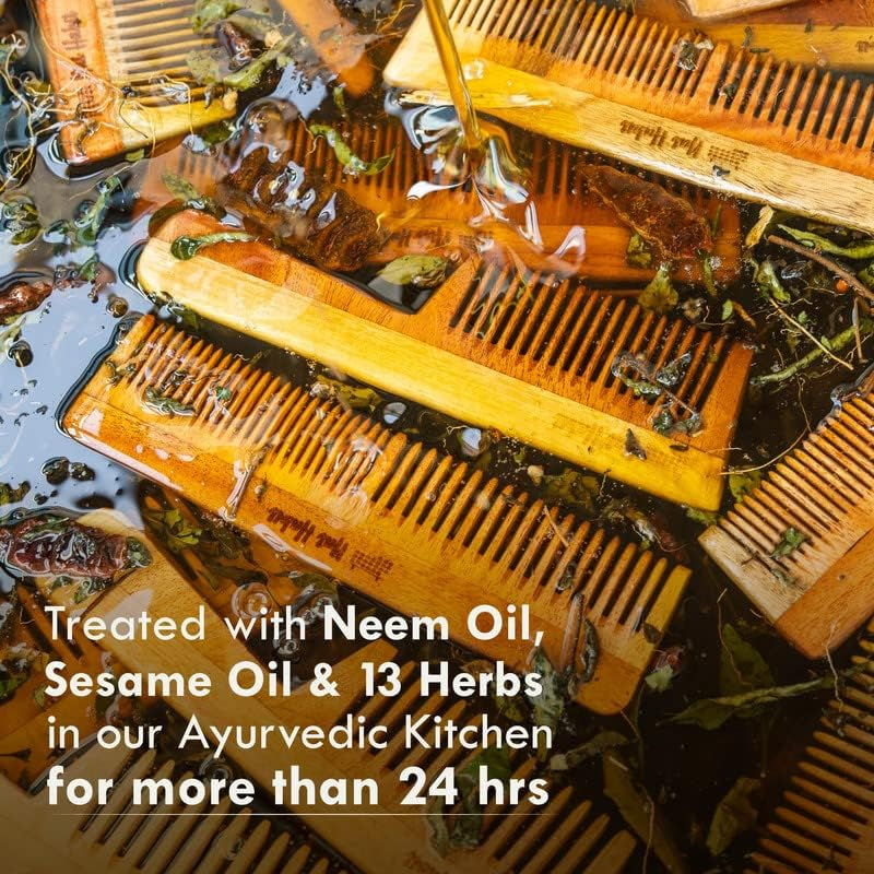 Nat Habit Kacchi Neem Wooden Comb - Soaked in 17 Herbs, Neem & Sesame Oil for Multi-Actions - Detangling, Frizz Control & Shine, Suited for All Hair Types (Fine Tooth)