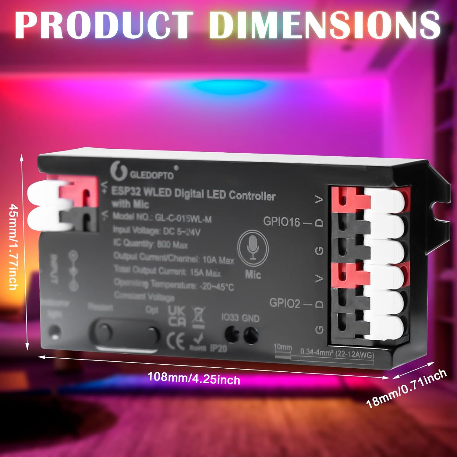 WLED Controller with Microphone, ESP32 DC 5V-24V Digital LED Strip Controller for Addressable LED Strips Digital RGB IC WS2811 WS2812B SK6812 WS2815 RGBW Addressable FCOB LED Strip