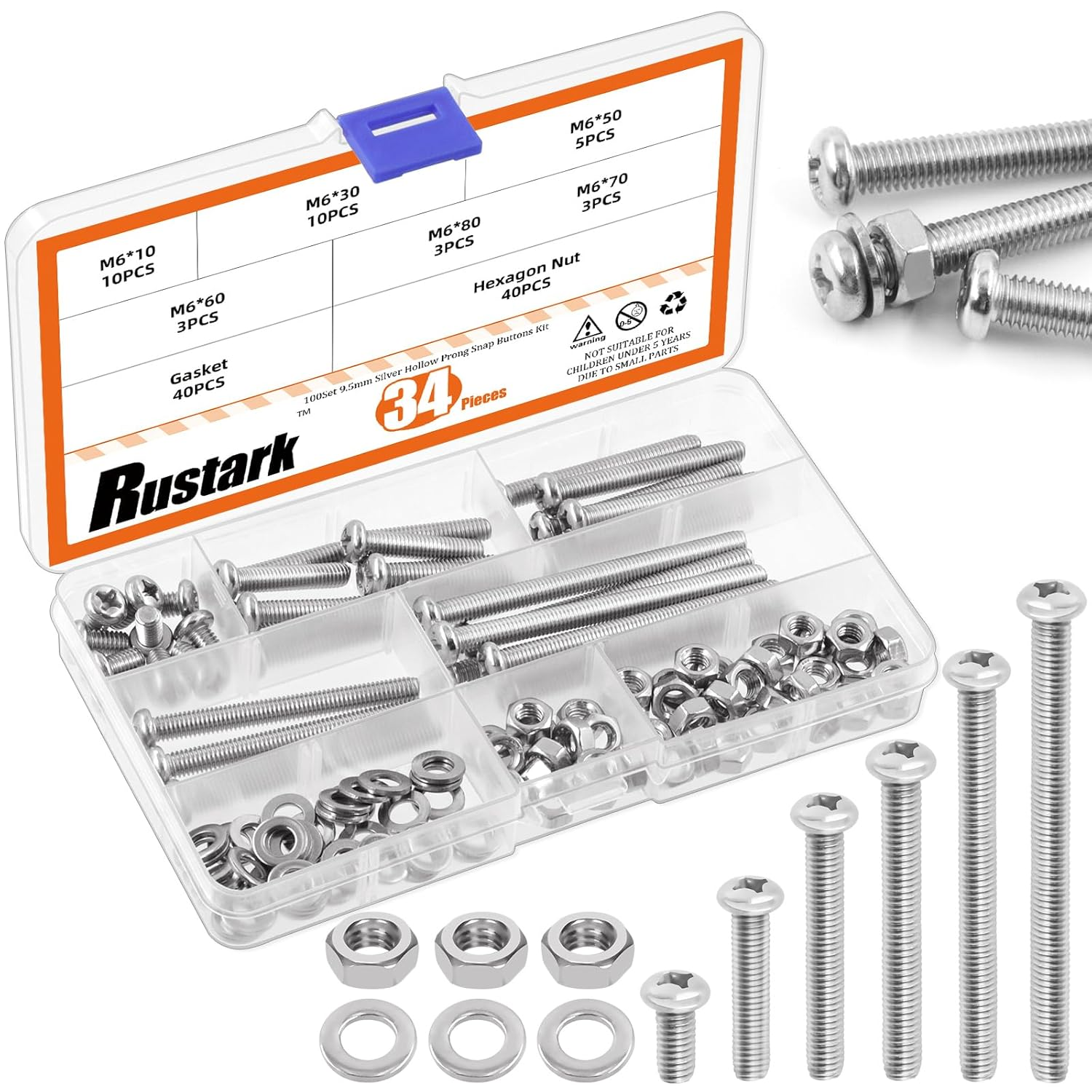 Rustark 114Pcs 6 Sizes M6 304 Stainless Steel Pan Head Phillips Machine Screws Assortment Kit Metric Screws Bolts Washers Nuts Kit Receptacles Mounting Screws for Cabinet Drawer Knob Pull Handle image number 6