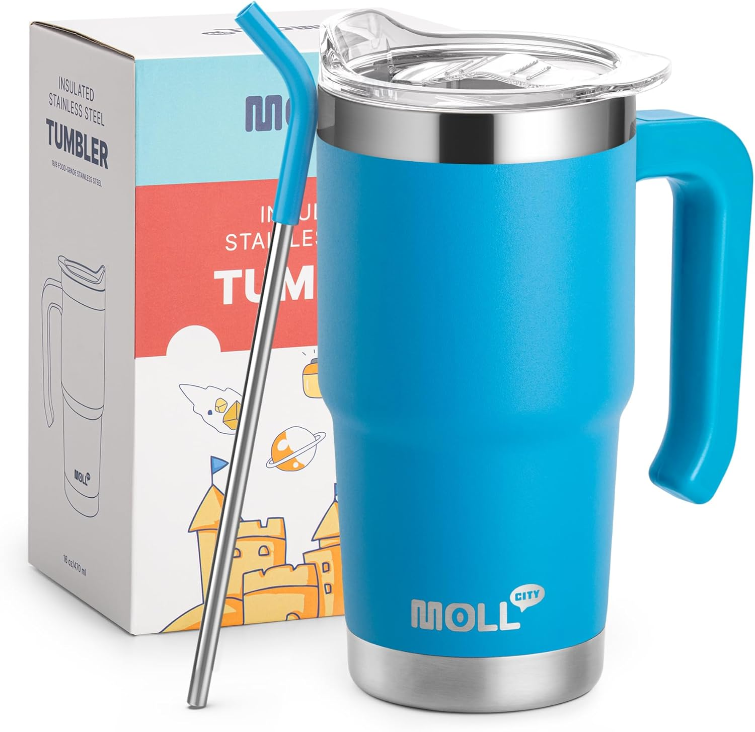 Mollcity 16 Oz Tumbler with Straw Stainless Steel Double Wall Vacuum Insulated Coffee Cup with Lid and Handle-Reusable Travel Mug for Women, Girls(Sky Blue) image number 6