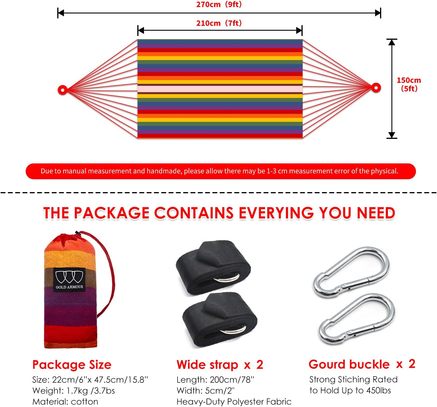 Gold Armour Brazilian Style Hammock with Tree Straps - Durable, Portable Single Double for Camping, Outdoor, Indoor, Patio, Backyard (Rainbow) - Blue  Red Stripe image number 6