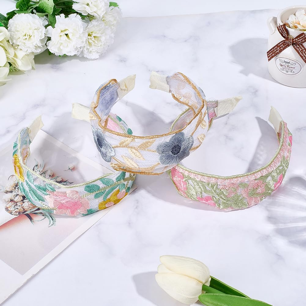 CABODYALS Pack of 3 3 Colours Colourful Floral Lace Headband Floral Embroidery Boho Vintage Hair Bands Fashionable Wide Elastic Embroidered Headband Set for Women Wedding Outfit Dress Hair Acc image number 6