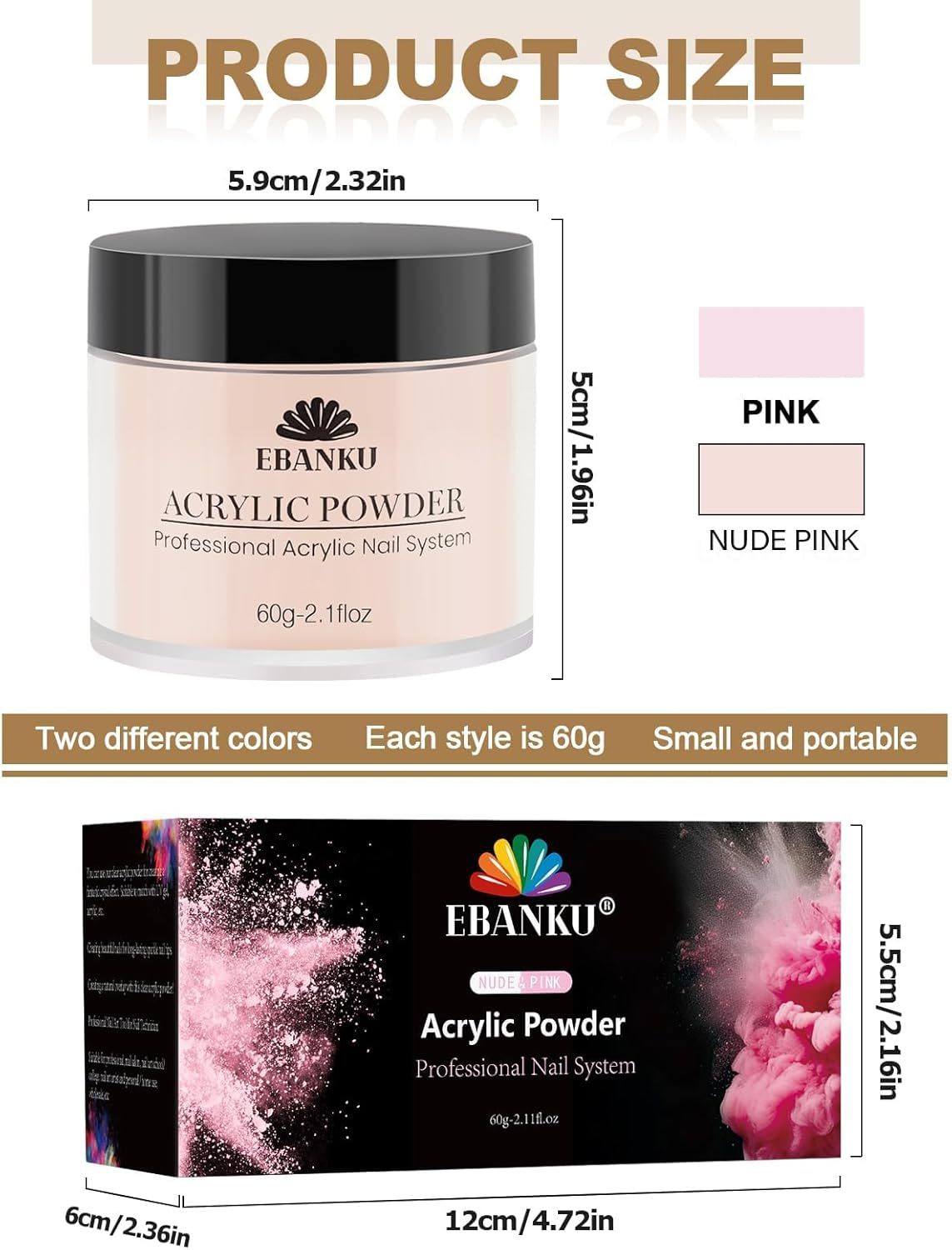 Kalolary Nude Pink Acrylic Powder, 2 * 60G/2.1Oz Acrylic Powder Large Capacity Professional Acrylic Nail Powder for Nail Acrylic Extension, Nail Carving, Long-Lasting, No Nail Lamp Needed image number 3
