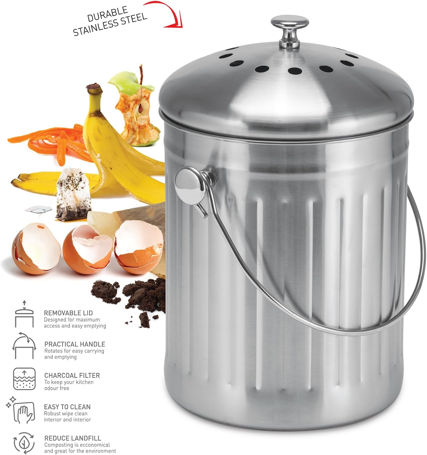 Avanti Stainless Steel Compost Bin, 5 Litre Capacity, Silver image number 3