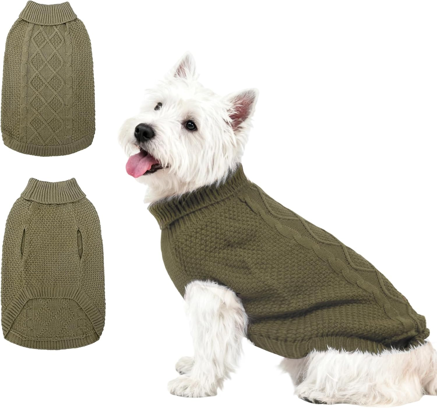Mihachi Turtleneck Dog Sweater - Winter Coat Apparel Classic Cable Knit Clothes with Leash Hole for Cold Weather, Ideal Pet in New Year Khaki