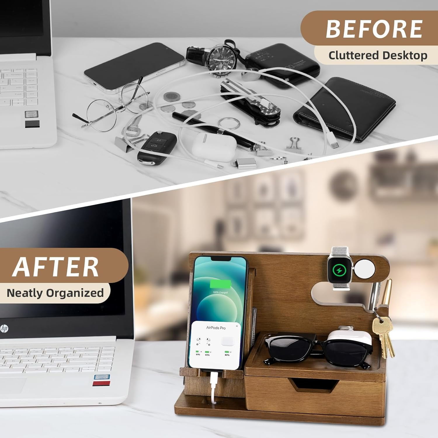 Fathers Day Dad Gifts from Daughter Son Wife, Wood Phone Docking Station with Drawer, Birthday Anniversary Men Him Husband Boyfriend Gifts from Girlfriend, Mens Nightstand Organizer Presents Ideas image number 5