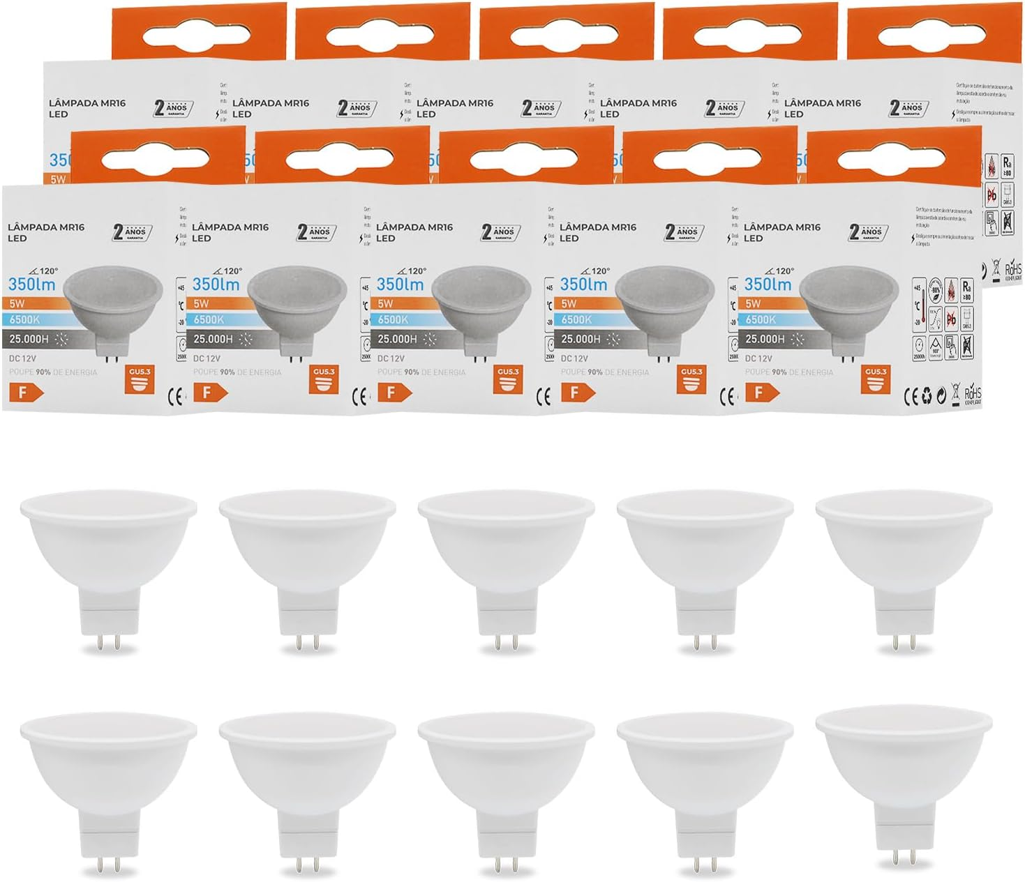 GU5.3 MR16 LED Bulbs 5 W, Replace 60 W Halogen Bulbs, Cool White 65000 K, 350 LM, 12 V AC/DC, Not Dimmable, Beam Angle 100 Degree Spot Flicker-Free Spotlight Bulbs, Pack of 10 image number 3