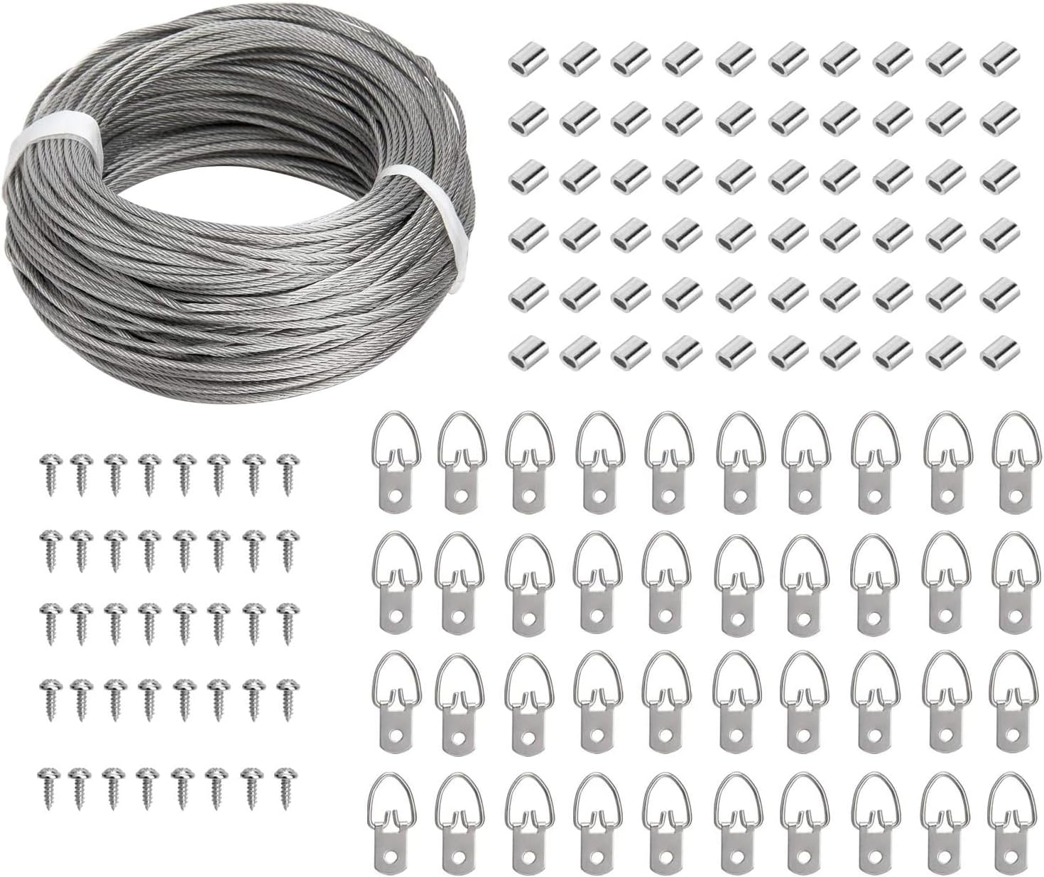 WEZCHUGHAOL 131Pcs Picture Hanging Kit - 98 Feet Stainless Steel Hanging Wire, 40 Pcs D Ring Picture Hangers with 40 Pcs Screws and 50 Pcs Aluminum Crimping Loop Sleeve for Hanging Paintings Photos image number 2