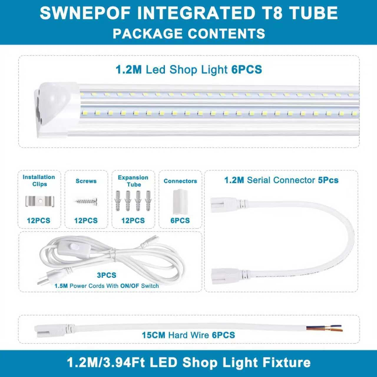 1.2M LED Shop Light Fixture, 36W 6500K 4500LM LED Tube Light, T8 V-Shaped LED Bulb Light, Linkable Shop Light, LED Garage Light with Built-In On/Off Switch, Plug & Play, Clear Cover, 6 Pack image number 1
