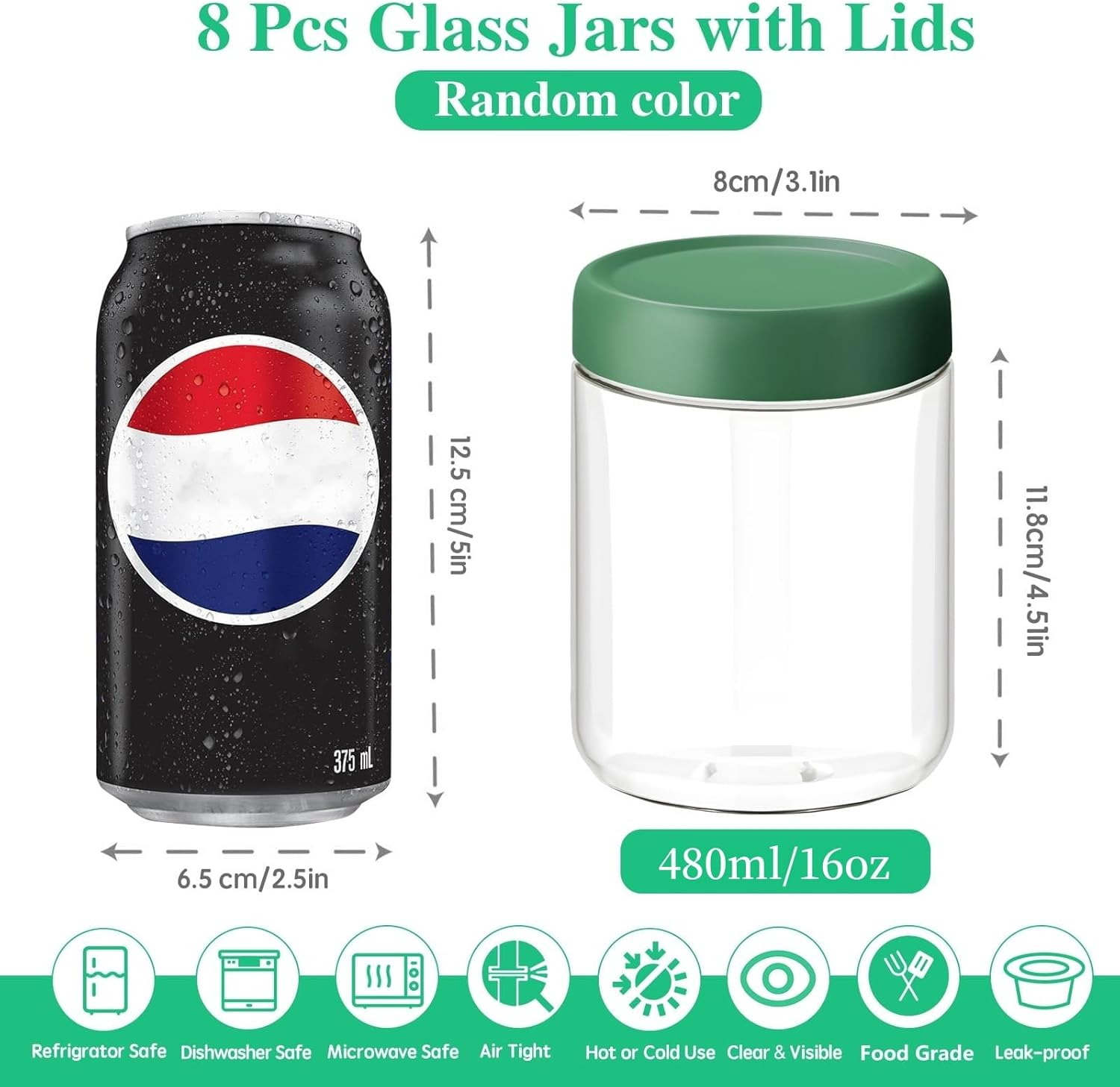 8 Pcs 480Ml/16Oz Overnight Oats Container Glass Jar with Lids, Meal Prep Food Storage Glass Containers, Wide Mouth Overnight Oats Mason Jars for Snacks Yogurt Chia Pudding Cereal Breakfast image number 1