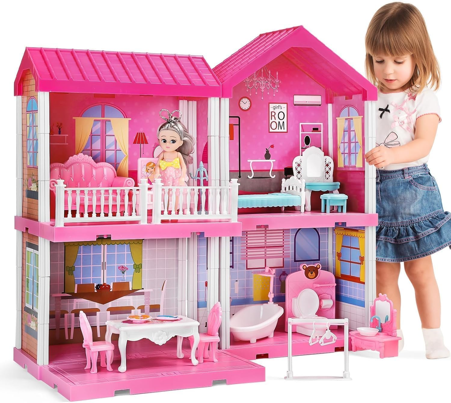 ZALLUC Dollhouse Girls Pretend Toys 4 Room- Doll Figure with Furniture, Accessories, Stairs, Pets and Dolls, DIY Cottage Pretend Play Dollhouse, for Toddlers, Boys & Girls image number 5