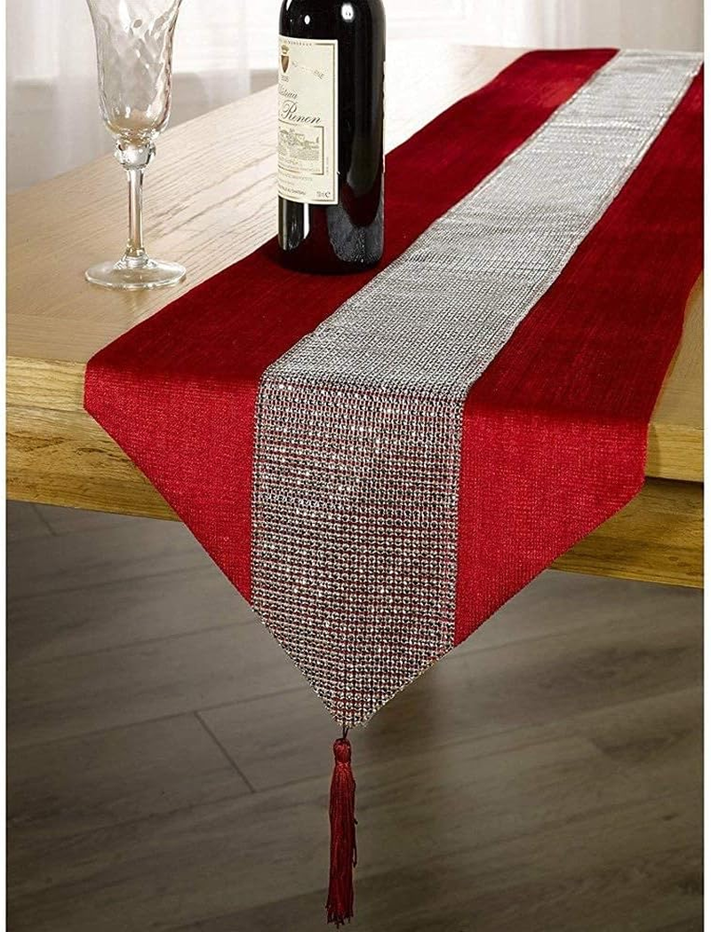 (Red) - (TM 33Cm X 180Cm Table Runner with Diamante Strip and Tassels (Red)