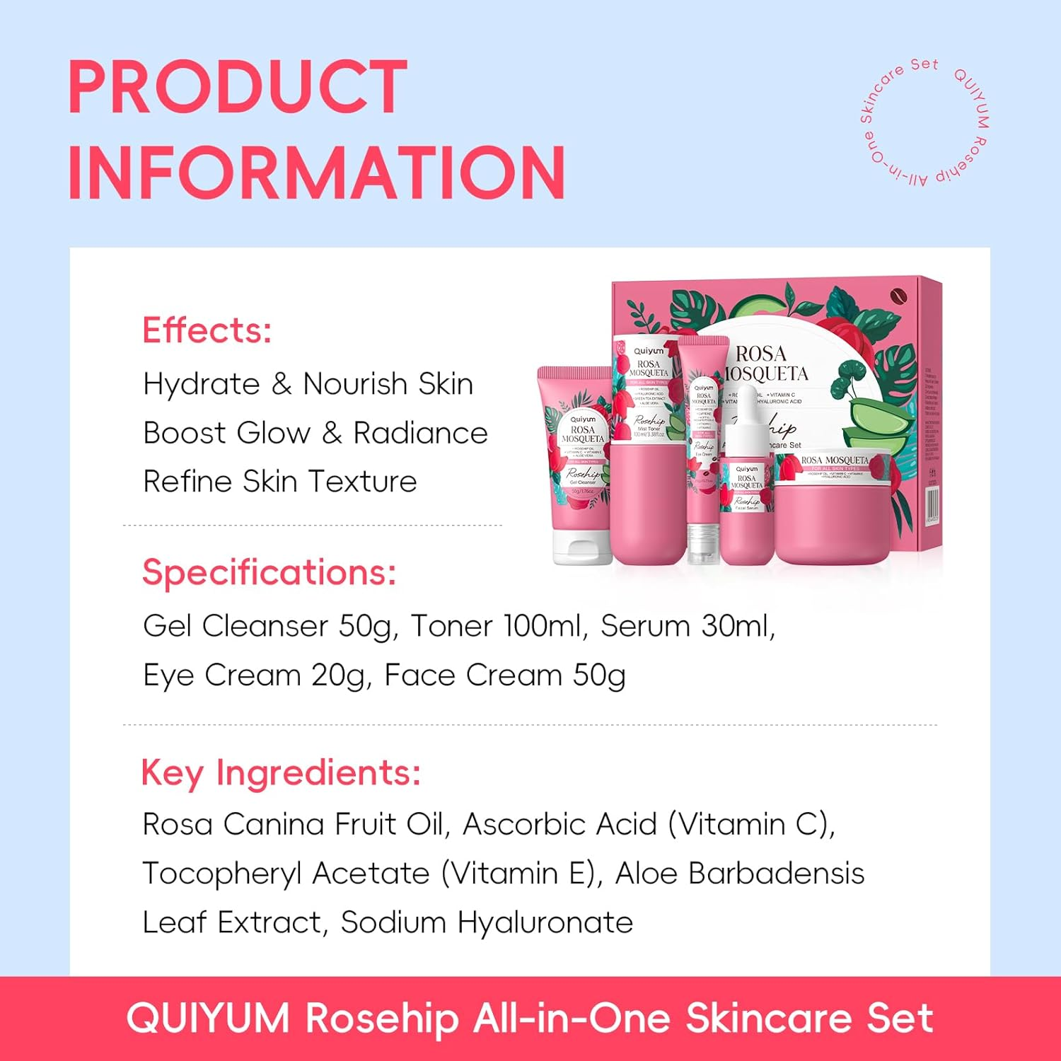 Rosehip Skin Care Set, 5 Daily Routine Beauty Skin Care for Teens 10-12 - Gift Set with Cleanser, Toner, Eye Cream, Cream, Serum, Facial Care Set for Women, Girl,Travel Set, for All Skin Types image number 5