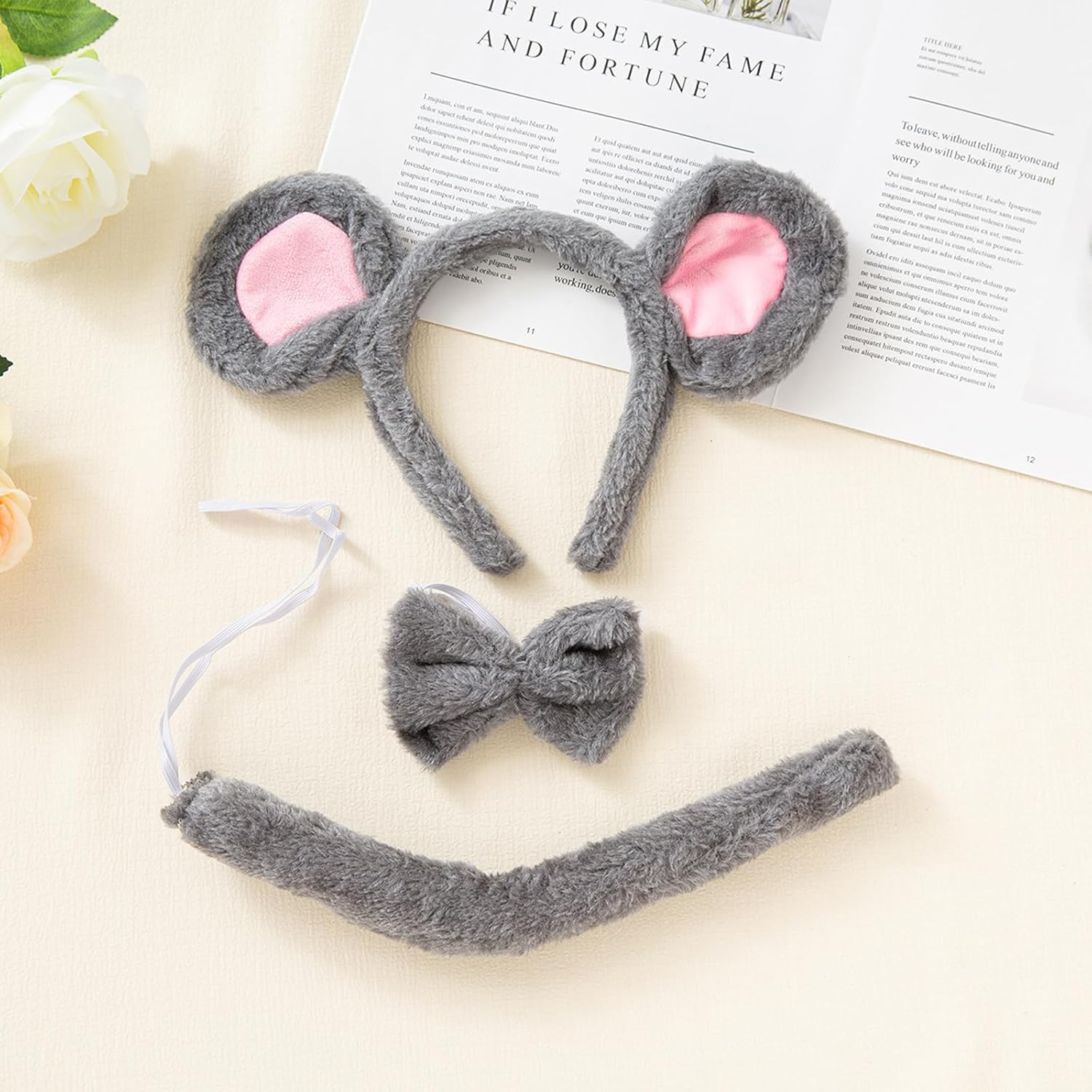 3 PCS Children'S Mouse Costume Set Includes Mouse Ears, Headband,Tail, Bow,Children'S Adult Animal Costume Accessories,Cosplay Party,Girl Role Playing Accessories Set (Mouse) image number 1
