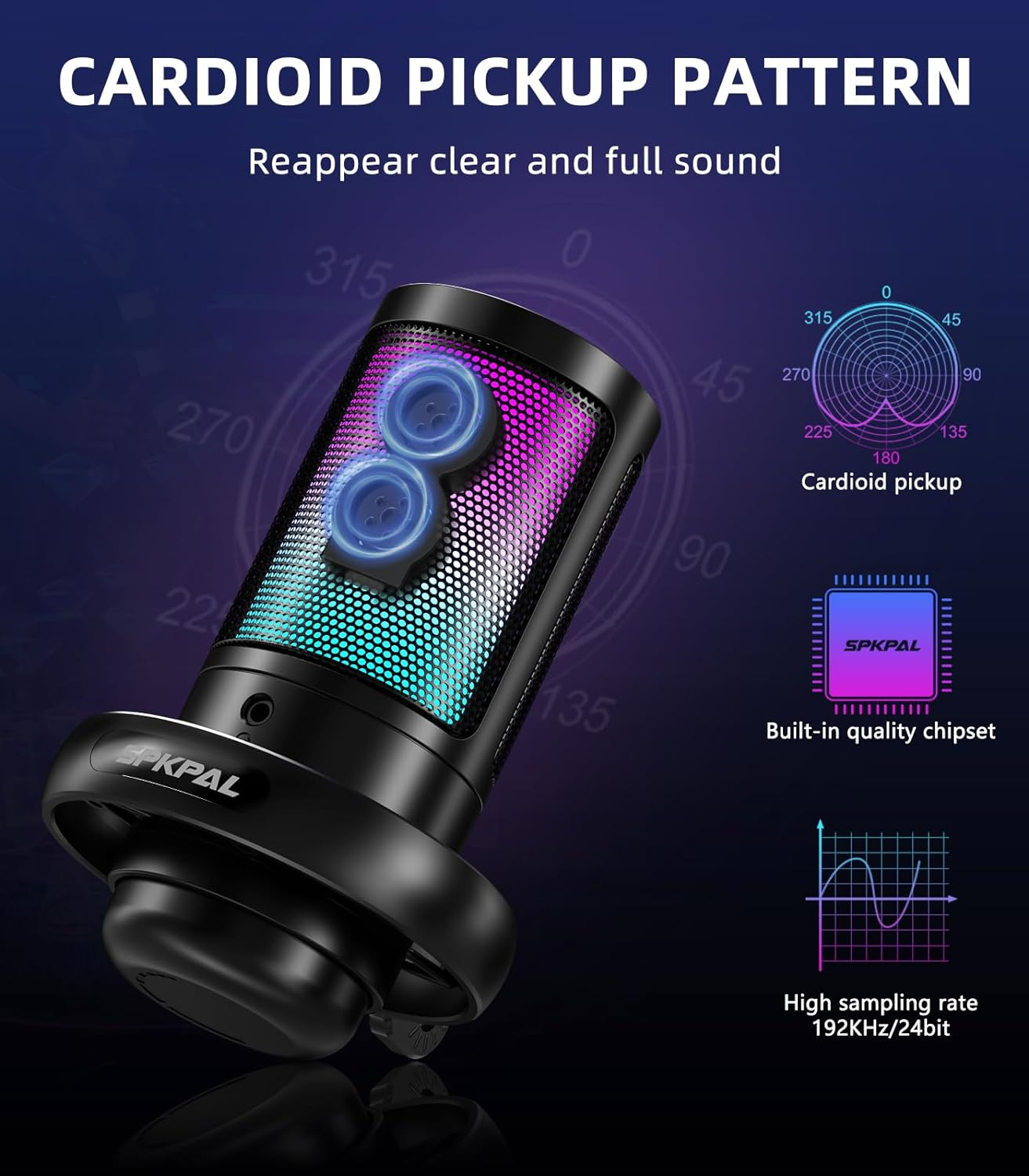 SPKPAL USB Microphone PC, RGB Gaming Mic with Mute Button, Condenser Microphone with Gain Knob & Monitoring Jack for Recording, Streaming, Podcasting image number 1