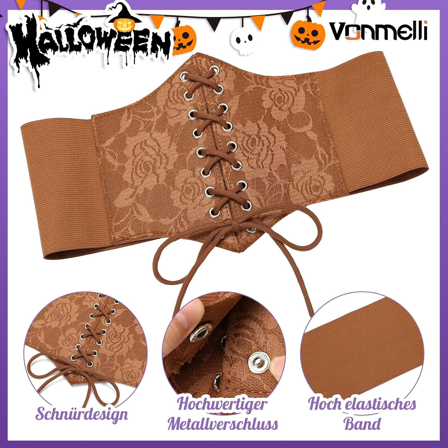 VONMELLI Wide Corset Belt for Women Lace up Corset Renaissance Style Elastic Belt with High Waist for Halloween Costume Parties image number 3
