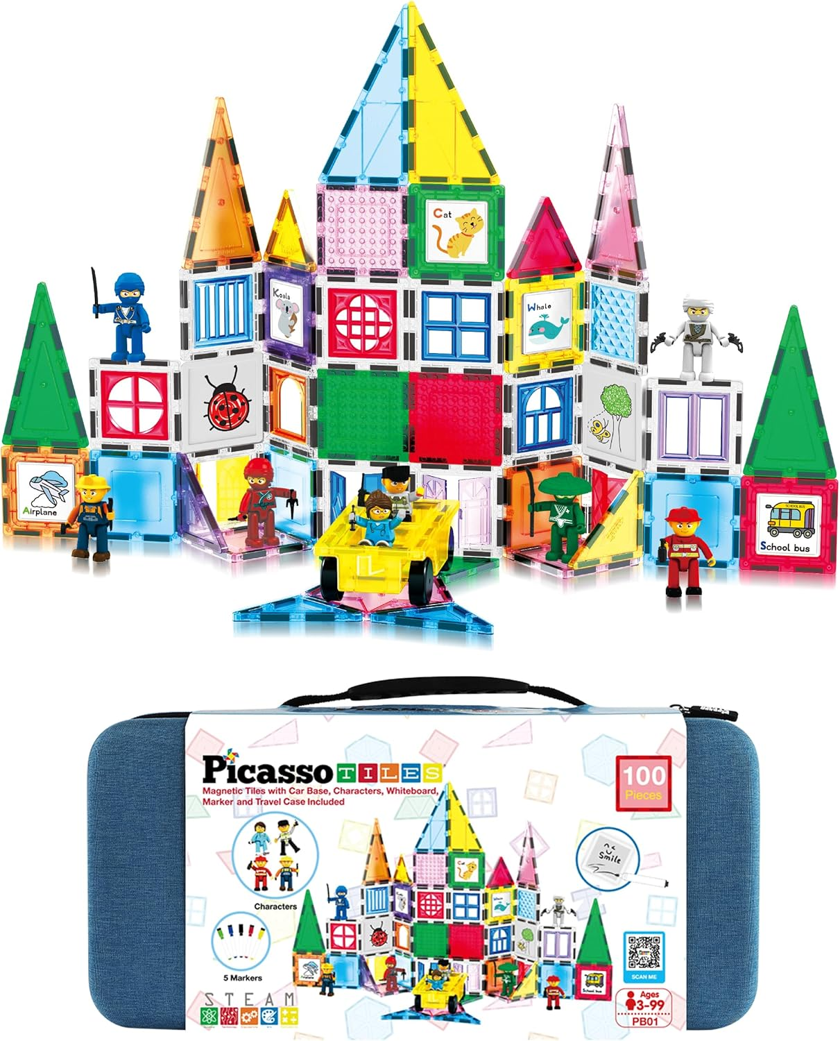 Picassotiles 100Pc Magnet Tile Construction Building Block Set with Carry Case Car Base Magnetic 8Pc Characters Whiteboard Markers Idea Book Magnetized Toy Kit Playset Kids STEM Learning Age 3+ PB01 image number 3