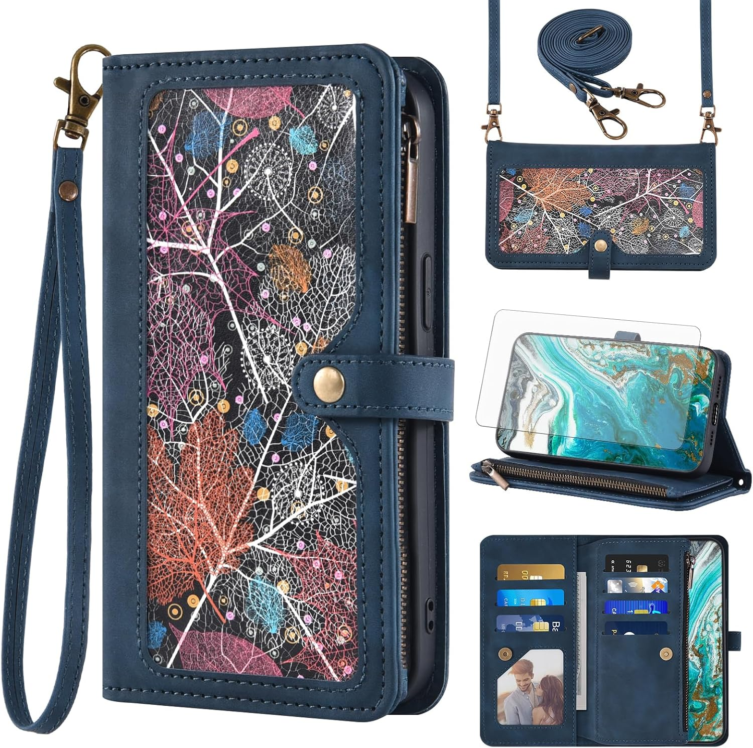 Asuwish Mobile Phone Case for Gigaset GS5 Case with Strap Film Protective Film Card Slot Foldable Leather Wallet Stand GS 5 Mobile Phone Cases Protective Zip Mobile Phone Cases Protective Glass Phone