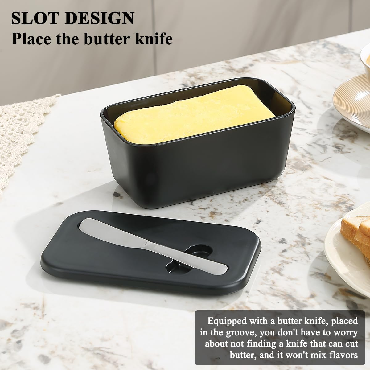 Butter Dish with Lid for Countertop and Refrigerator Door Shelf, Reanea Plastic Butter Holder Tray Container with Butter Knife, Easy Scoop Dishwasher Safe image number 2