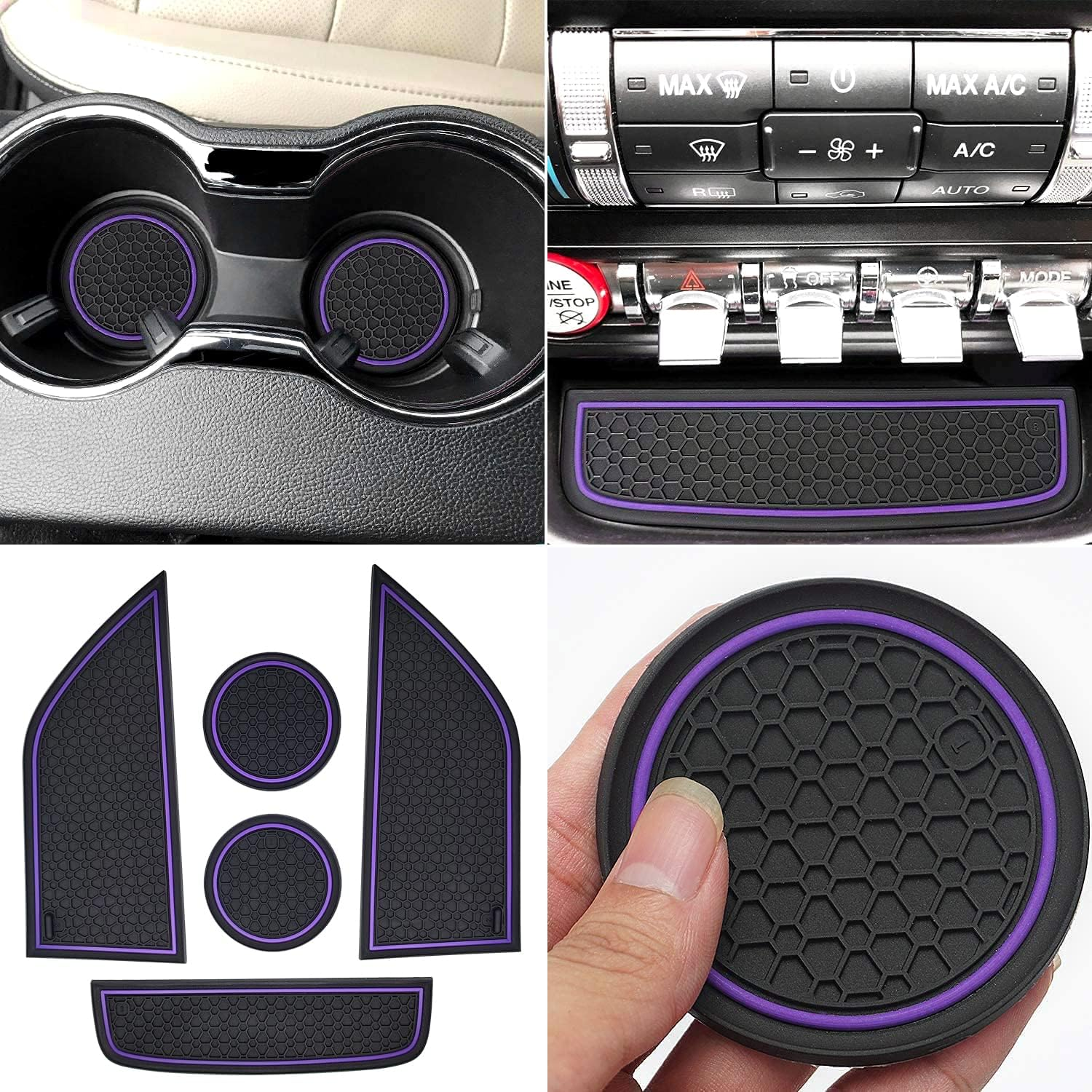 Auprite Non-Slip Mats for Mustang Accessories 2015-2023, Custom Fits Cup Holder Liners Mats Door Pocket Center Console Liners,5Pcs (Purple)