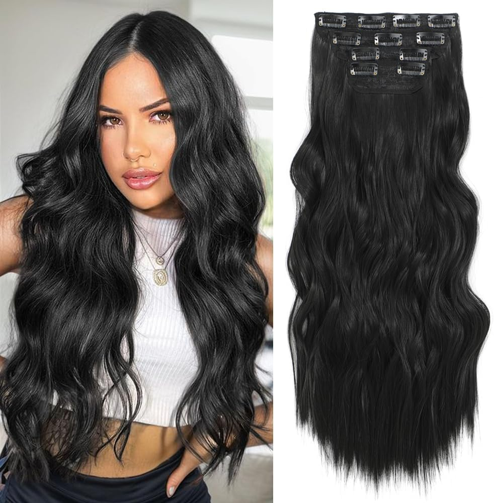 QAUARUMSUN Clip in Hair Extensions 24 Inch 4Pcs Long Wavy Synthetic Hair Extensions Double Weft Hairpieces for Women (Brown)