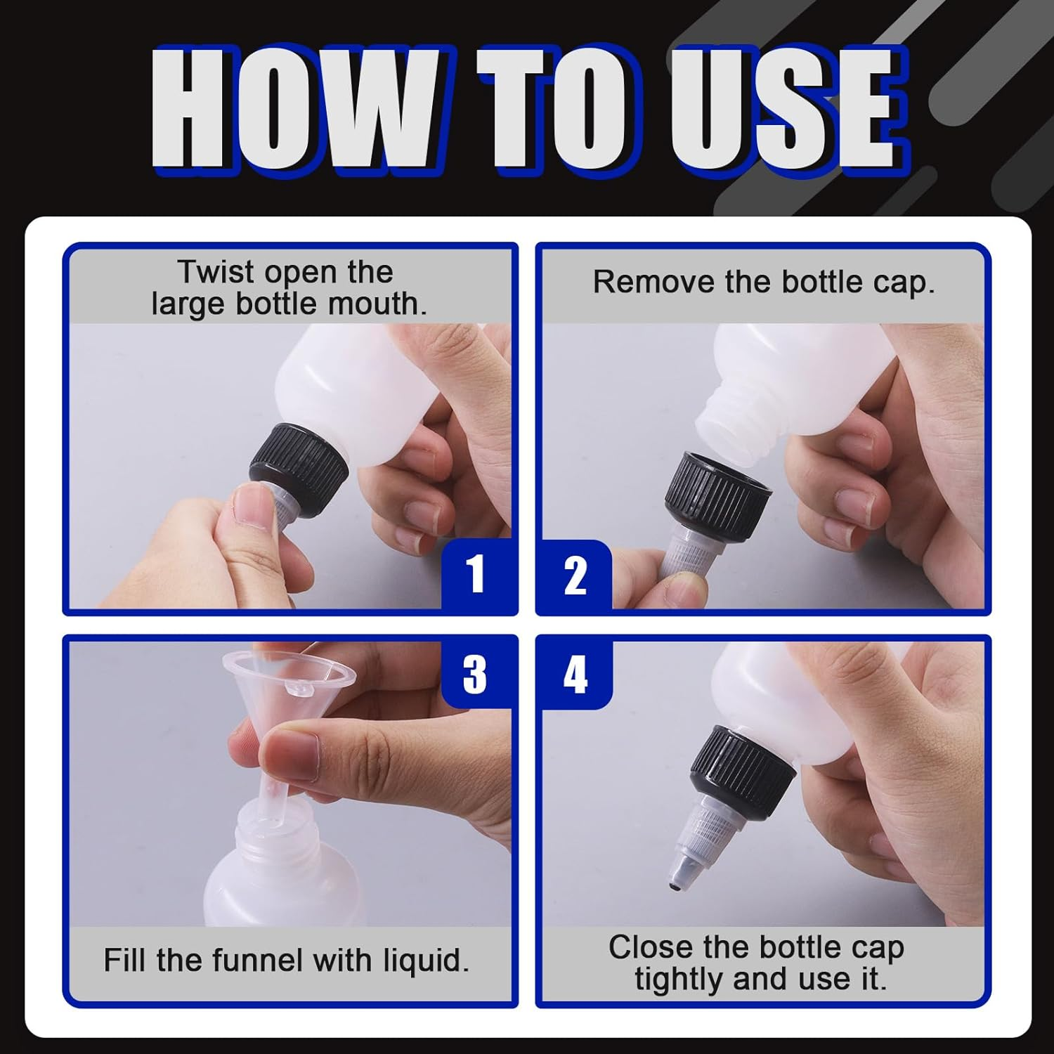 Glarks 15Pcs 100Ml/4Oz Dispensing Bottles with Funnel Set, Boston round LDPE Plastic Bottle, Clear Plastic Squeeze Bottles with Twist Top Cap for Kitchen, Household, Arts and Crafts