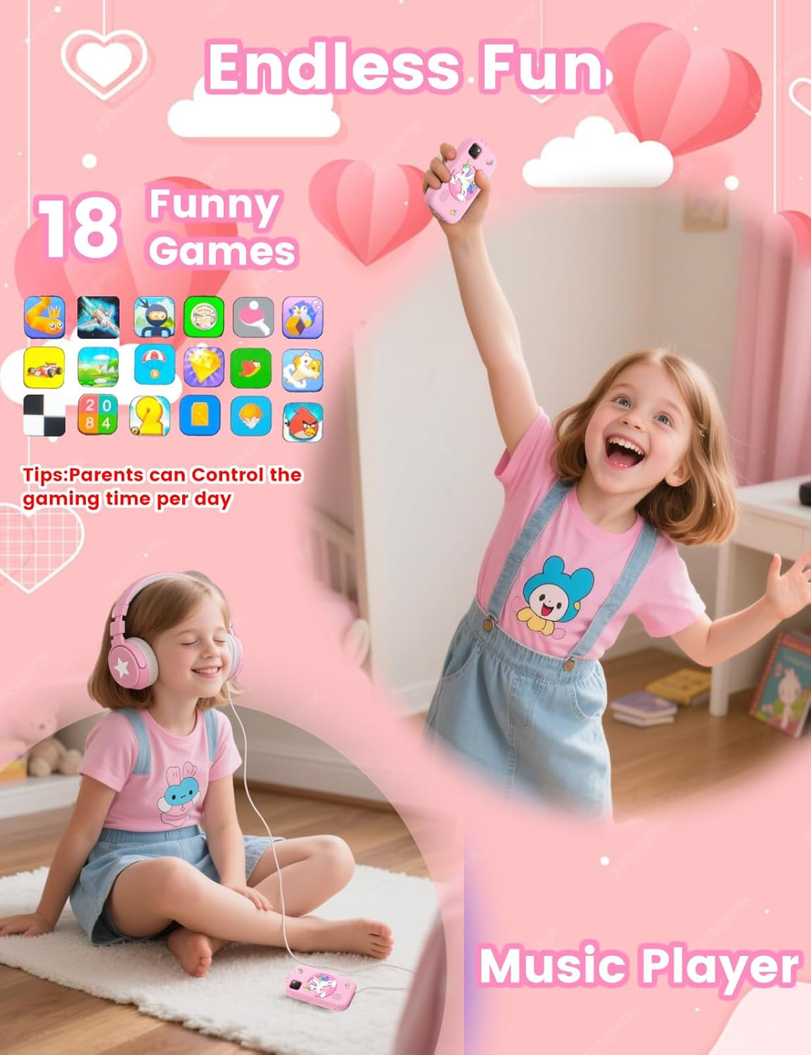 ZONEY Kids Smart Phone Toys, Christmas Birthday Gifts for Girls Age 4-10, Kids Educational Phone, 2.8" Touchscreen Toddler Learning Play Toy Phone with Dual Camera, Game, Music Player, 32GB Card, Pink - Pink image number 2