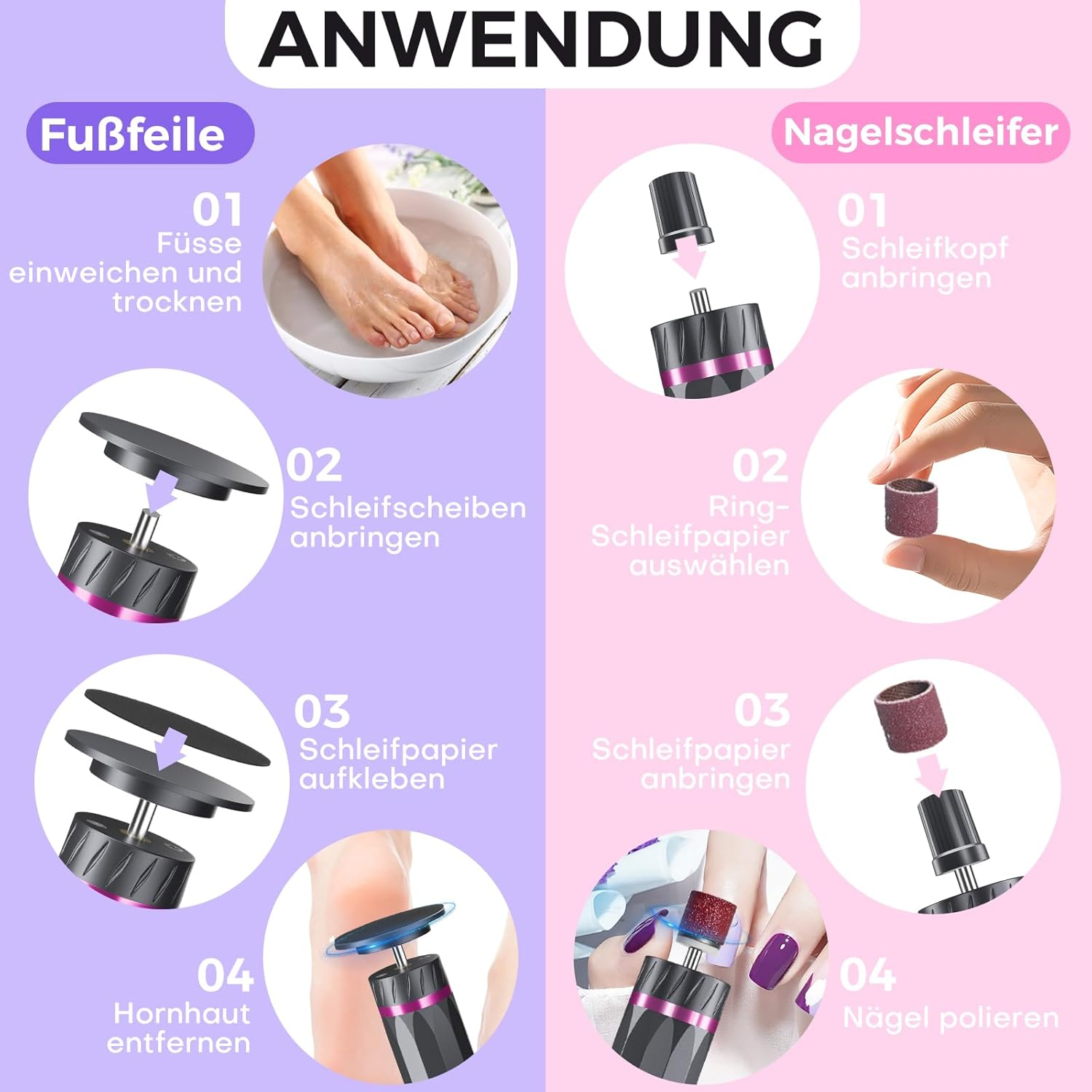 Bostar Electric Callus Remover, 9 Gear, 3-In-1 Professional Callus Removal, Foot Care, Nail Care, Pedicure Set with LED Display, 2 Nano Glasses, 40 Replacement Pads for Dead Hard Skin Women (Pink) image number 4