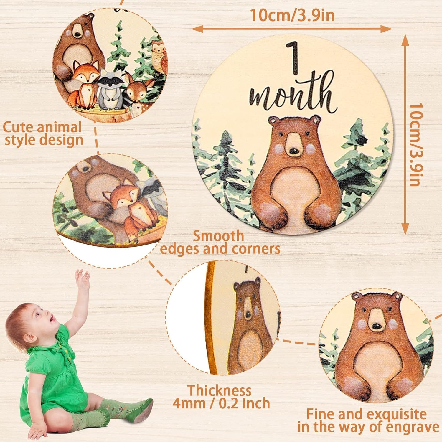 12Pcs Woodland Monthly Milestone Cards Milestone Wooden Discs Double-Sided Cute Animal First Year Age Announcement Sign for Newborn Photo Props Gift image number 6
