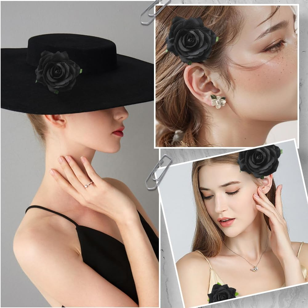 SOFPLATE Pack of 4 Black Rose Hair Clips Flowers Hair Brooch 2 in 1 Fabric Flower Clips Brooches Hats Bags Clothing Hair Pins Decoration Accessories for Wedding Party Halloween Fancy Dress Accessories image number 3