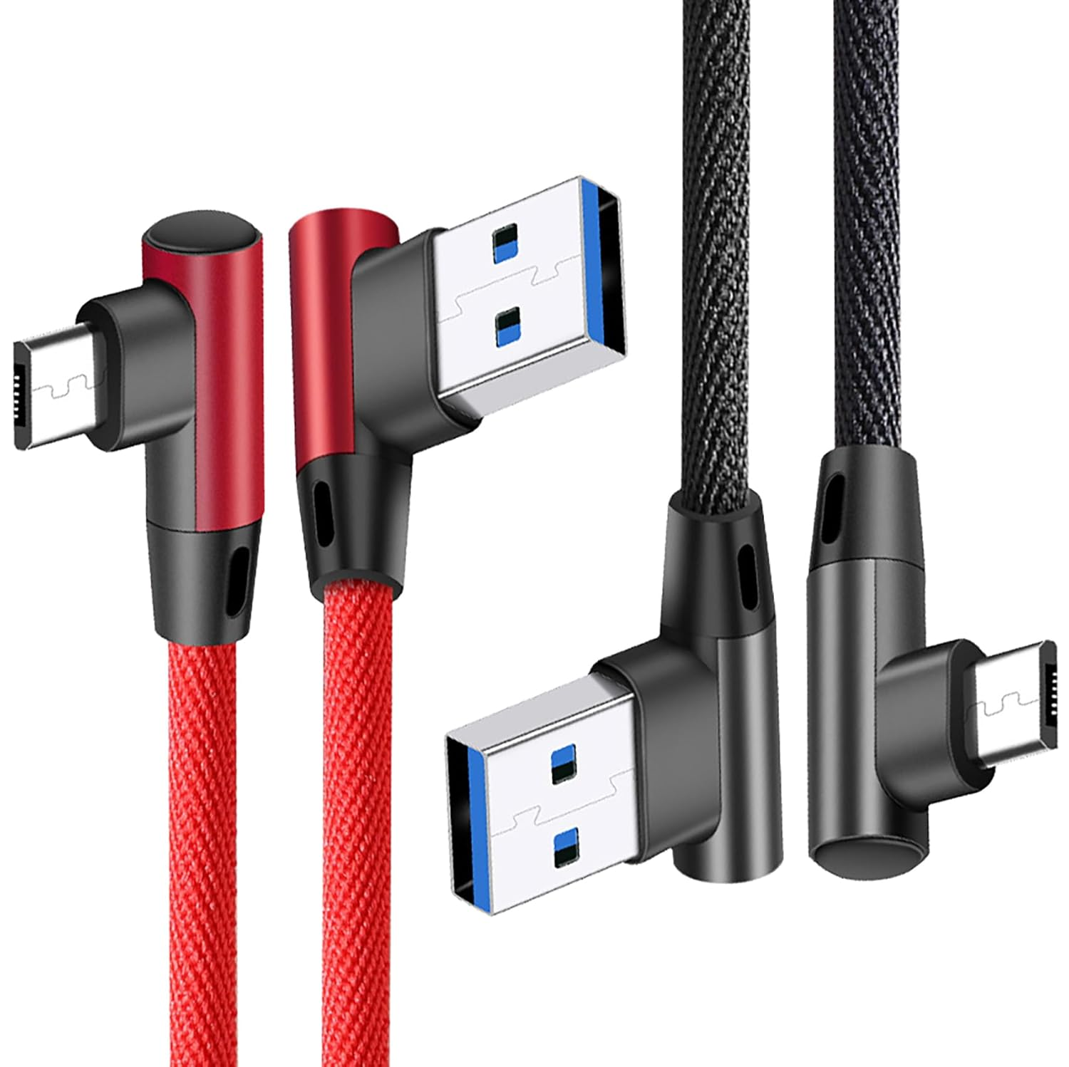 Tunghey 2Pack Dual Right Angle Micro USB Cable, USB a to Micro B Cord 90 Degree, High Speed Sync Durable Nylon Braided Android USB 2.0 Fast Charging Cable for S7 Note,Power Bank. Black/Red (1.5M)