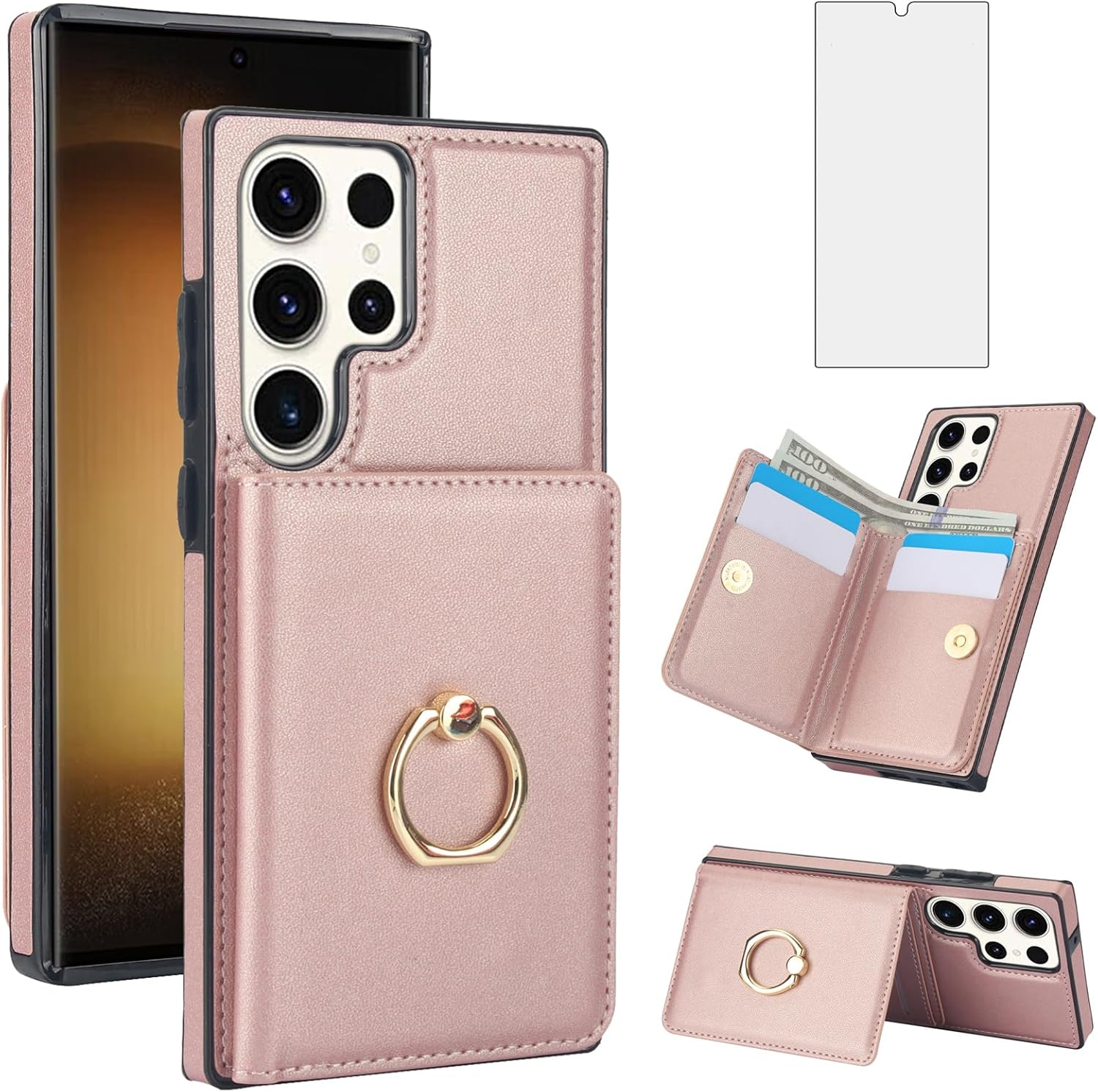 Asuwish Phone Case for Samsung Galaxy S23 Ultra 5G with Tempered Glass Screen Protector and RFID Card Holder Slot Ring Kickstand Cell Accessories S23Ultra 23S S 23 23Ultra 6.8 Inch Women Men Rose Gold