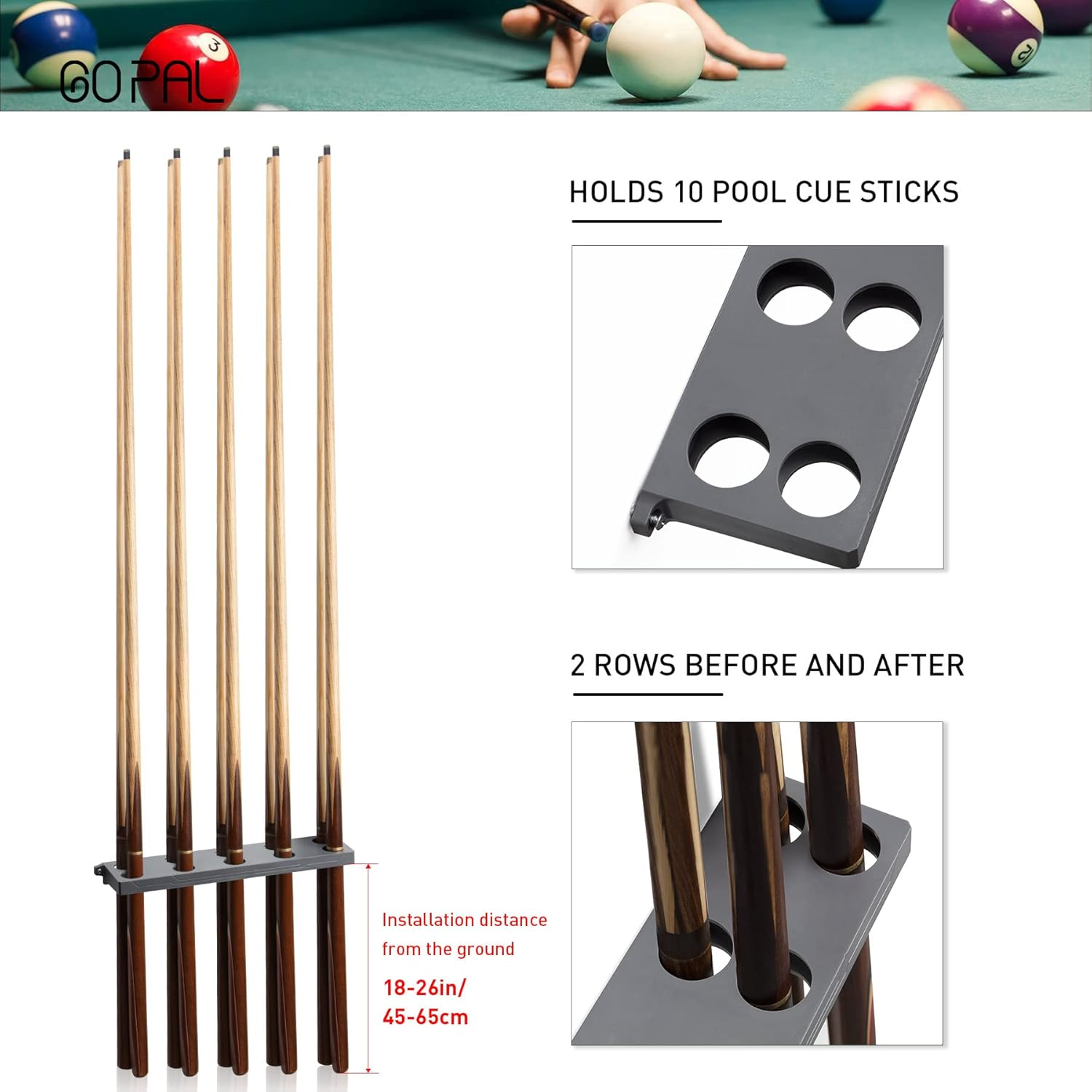 Go Pal Cues Pool Cue Rack Wall Mounted, Pool Stick Holder Billiard Cue Racks, Game Room Accessories, 1-Piece image number 6