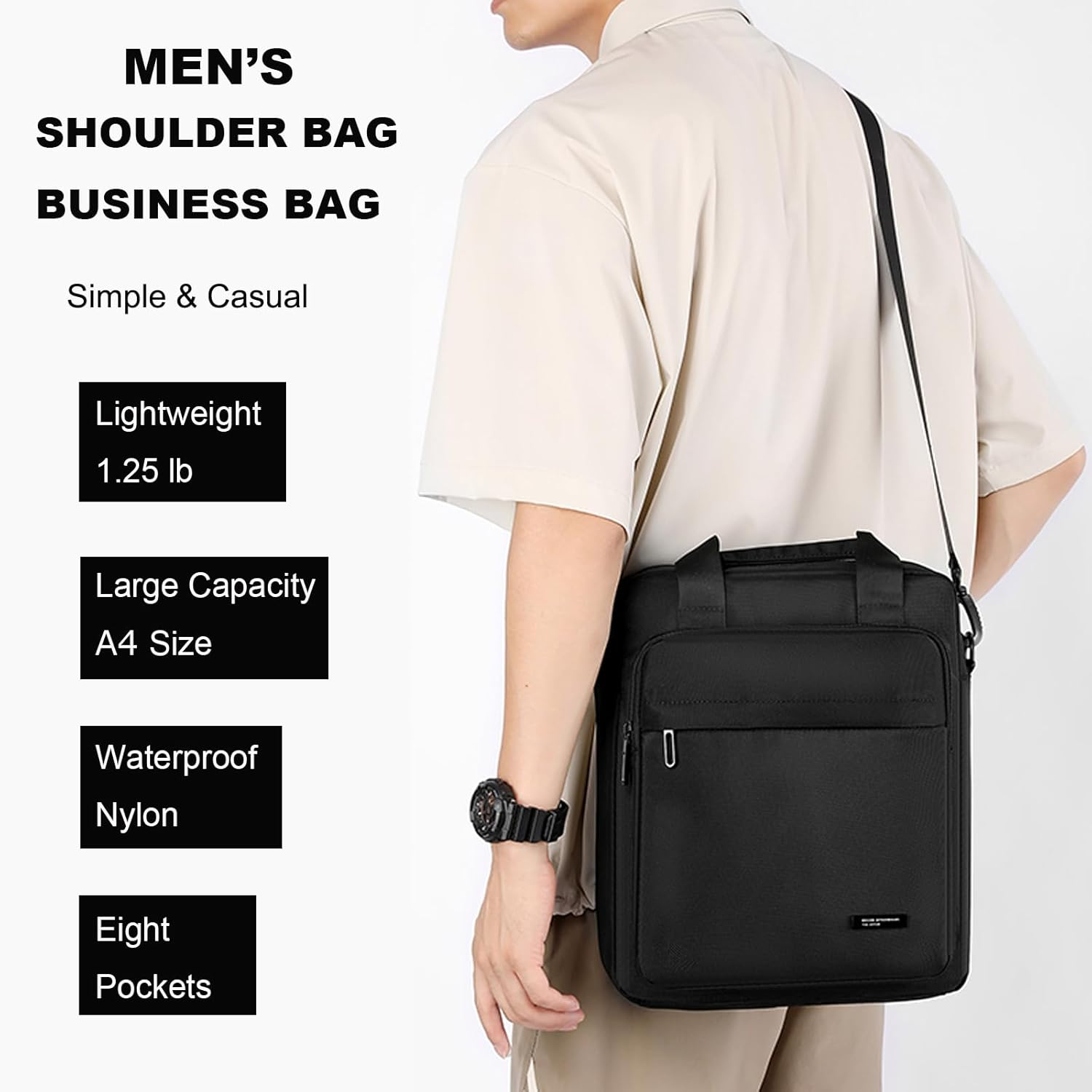 Men'S Messenger Bag A4 Nylon Large Shoulder Bag Business Waterproof Casual Black Crossbody Bag for Work Travel Outdoor, Black image number 4