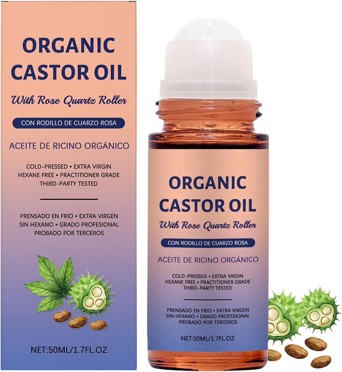 Organic Castor Oil with Rose Quartz Roller, Cold Pressed, Organic Castor Oil Roller Ball, 1.7 Fl Oz, Hexane Free, Nourishing Skin, for Face, Tummy, Body and Skin, Amber Glass Bottle (5PCS)