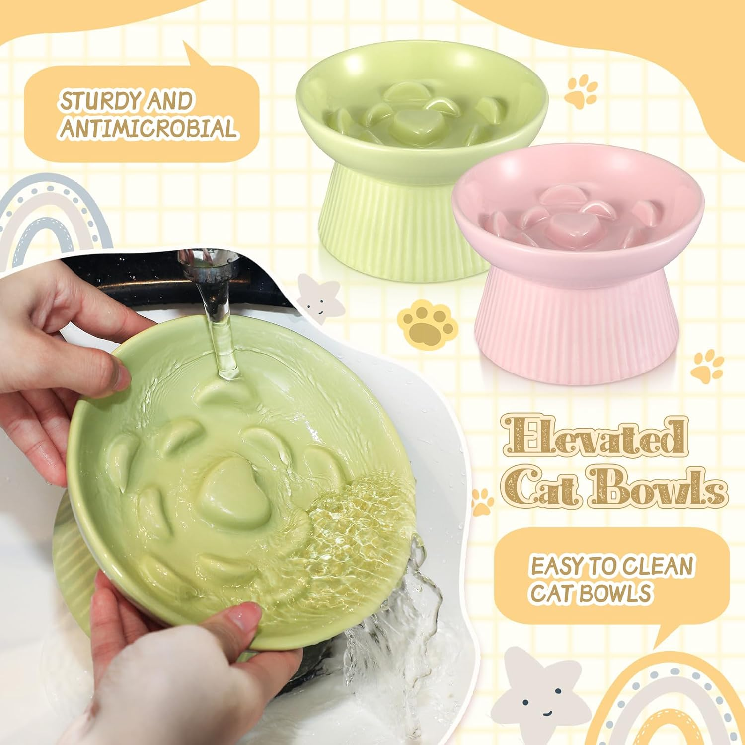 Layhit 2 Pack Raised Slow Feeder Cat Bowls Ceramic Elevated Cat Food Bowls anti Vomiting Slow Feeder for Dog and Kitten for Dry and Wet Food(Green, Pink) - Pink, White image number 6