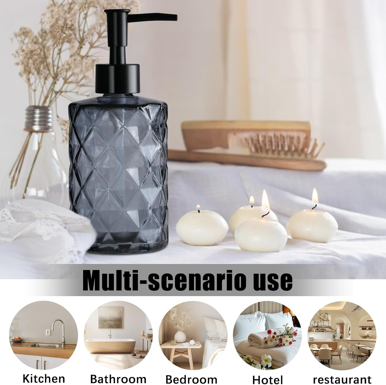 3Pcs 11Oz Glass Soap Dispenser with Plastic Pump, Diamond Design Kitchen Bathroom Soap Dispenser, Refillable Liquid Glass Soap Dispenser for Hand Soap, Soap, Lotion (Black) image number 5