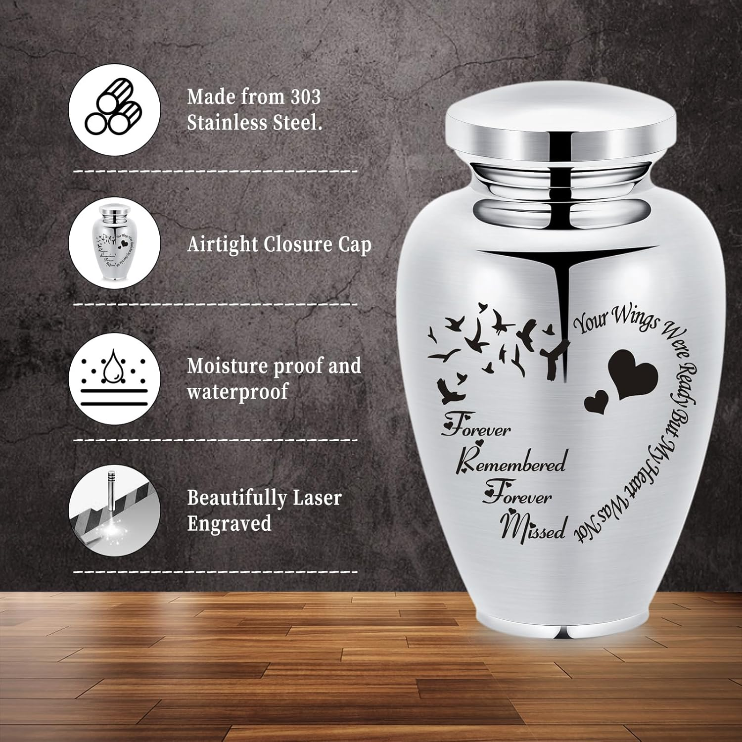 AIWENXI Pet Cremation Large Urns for Dog Cat Ashes Urns Keepsake Pet Large Urns for Dogs for Ashes Urns for Cats for Ashes (Silver, Bird Heart) image number 1