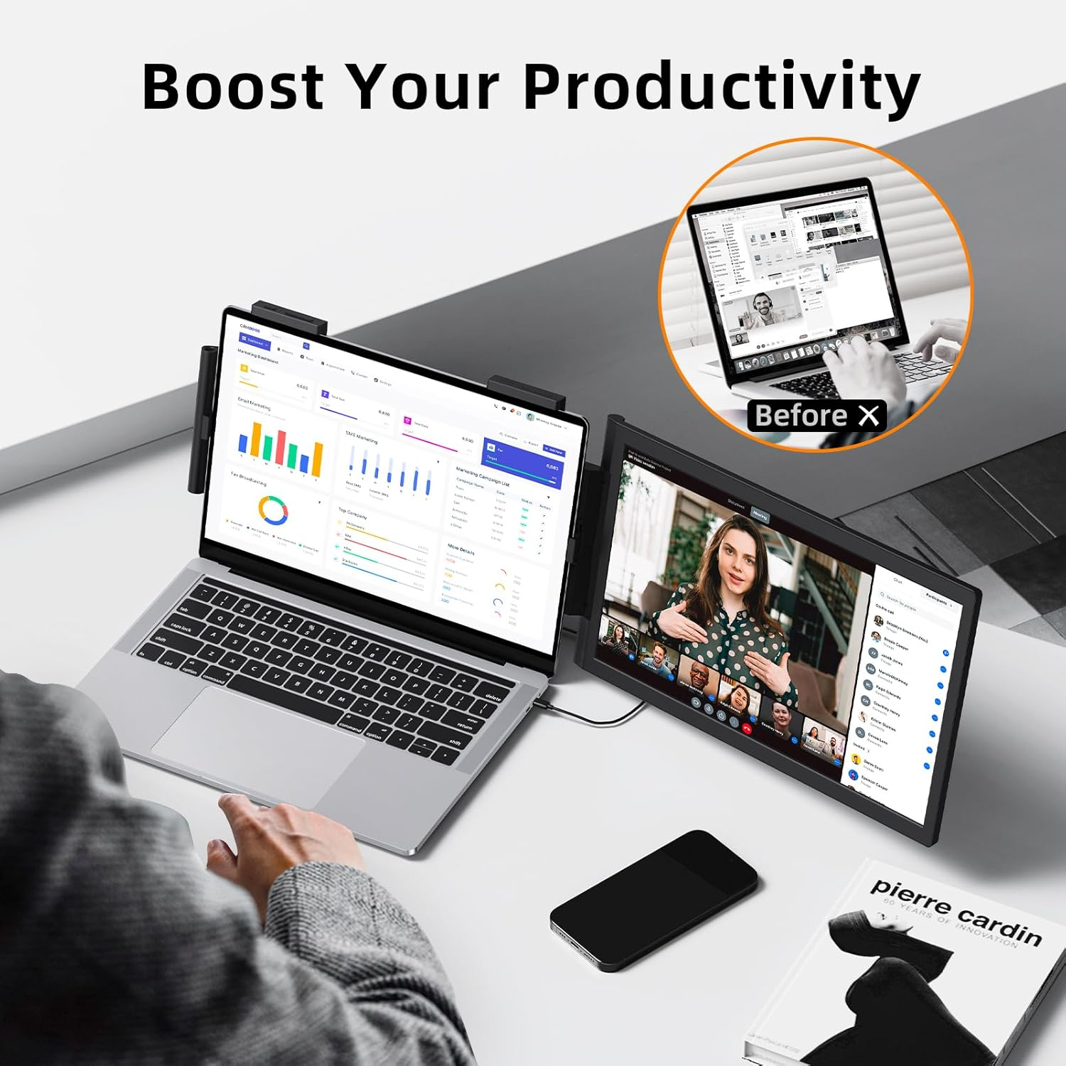 Magicraven Laptop Screen Extender, 14" 1080P Dual Screen, 250&deg; Rotation Portable Monitor for Laptop, Travel Display for 14-17'' Laptop with USB-C/HDMI Port, Plug & Play for Windows/Mac image number 1