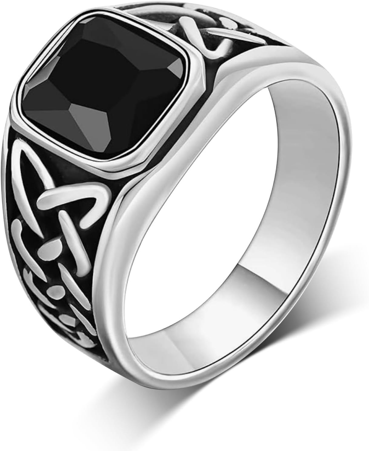LIAN Mens Black Onyx Sapphire Rings Stainless Steel Square Agate Signet Rings for Men Pinky Thumb Ring Band for Dad Father Handmade Engraved Jewelry Men Boys