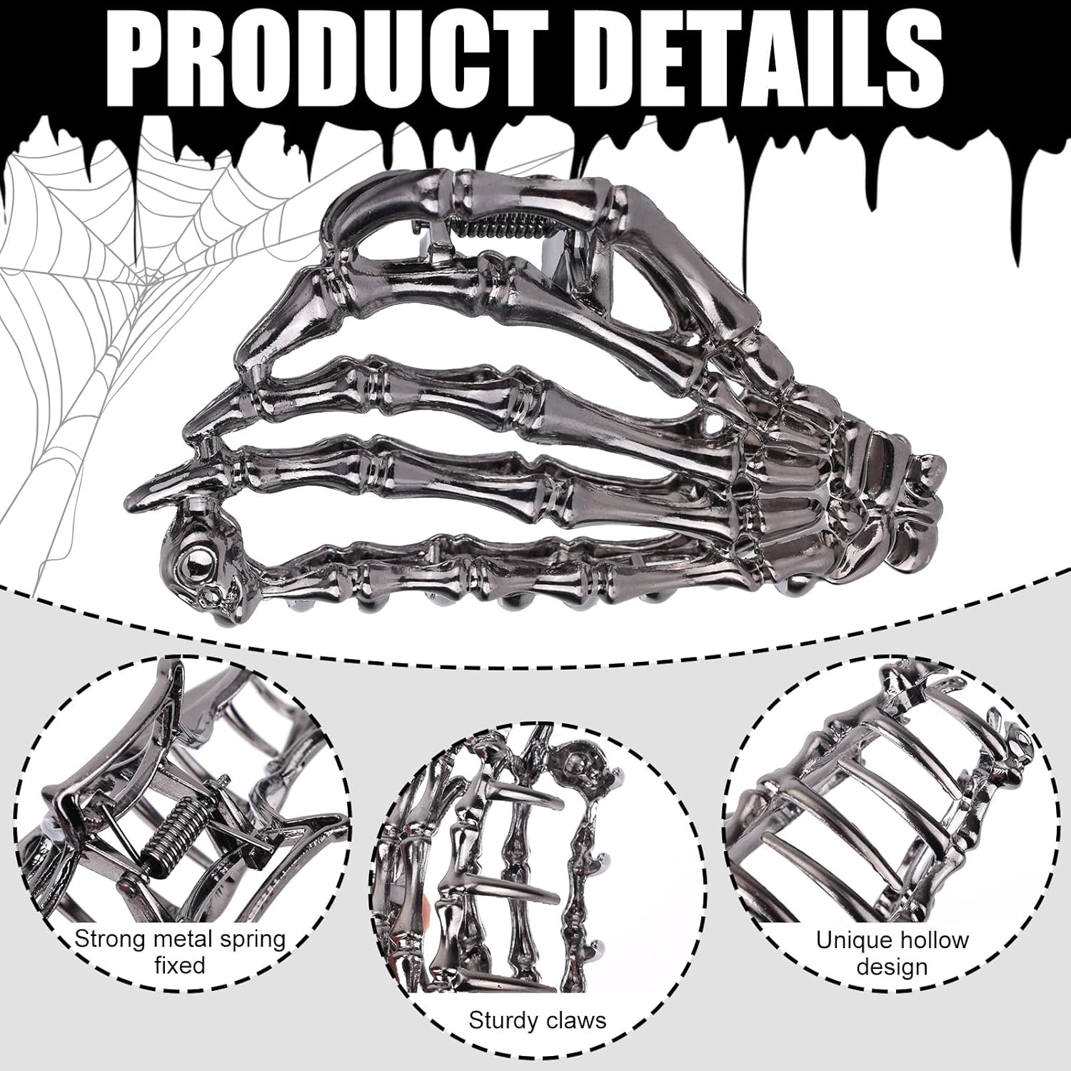3 Pcs Halloween Hair Claw Clips for Women & Girls, Gothic Metal Hair Accessories with Hollow Design Spider Web Skeleton Hand Spider Claw Clips for Halloween Party Cosplay image number 5