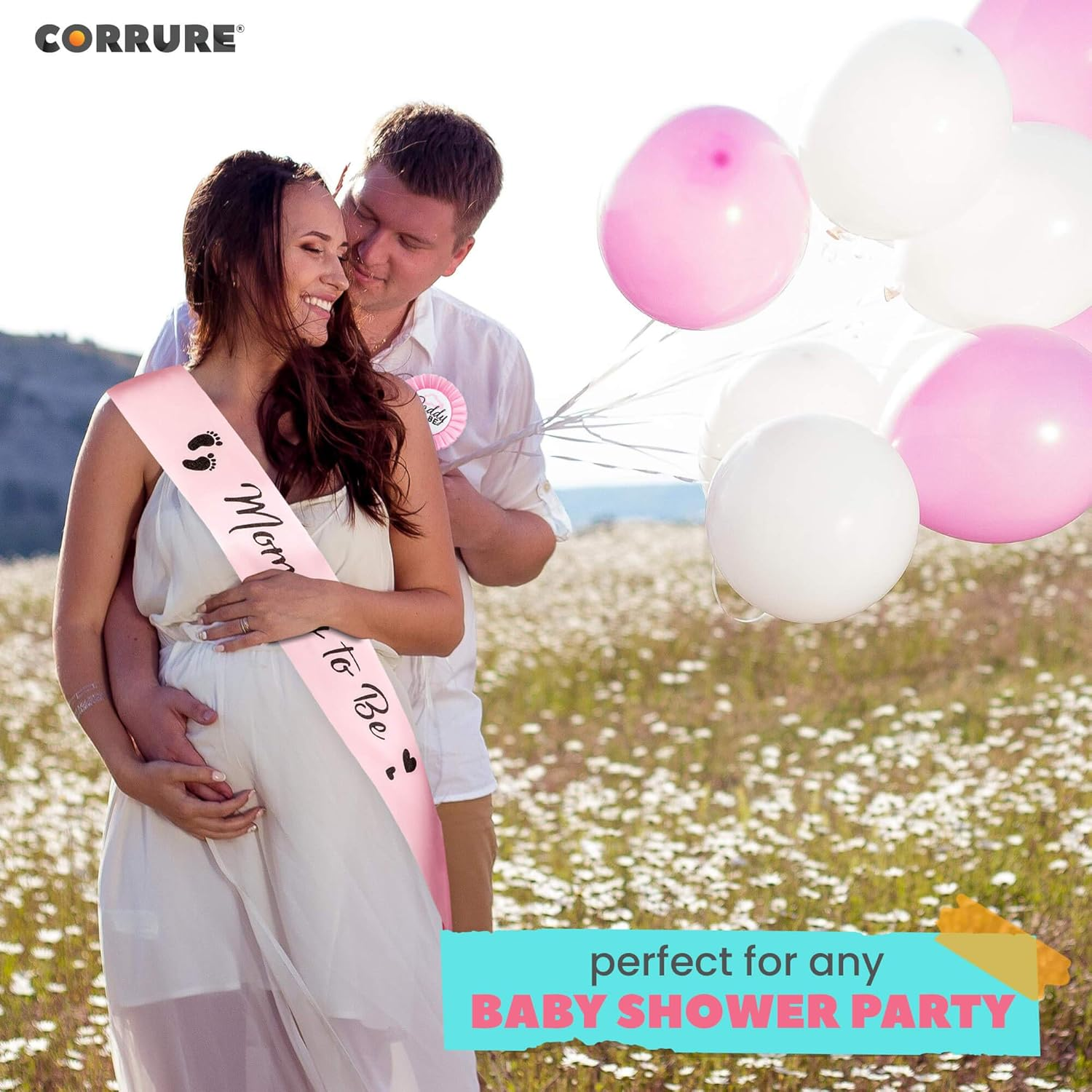 CORRURE Baby Shower Sash and Button Pin for Girl - 'Mommy to Be' Sash and 'Daddy to Be' Pin with Beautiful Pink Ribbon and Black Foil Text - Ideal Mom and Dad Gender Reveal/Baby Shower image number 4