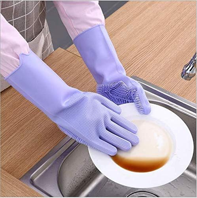Silicone Dishwashing Gloves, Rubber Scrubbing Gloves, Sponge Cleaning Brush for Dishes Housework, Kitchen, Cars - Blue image number 4