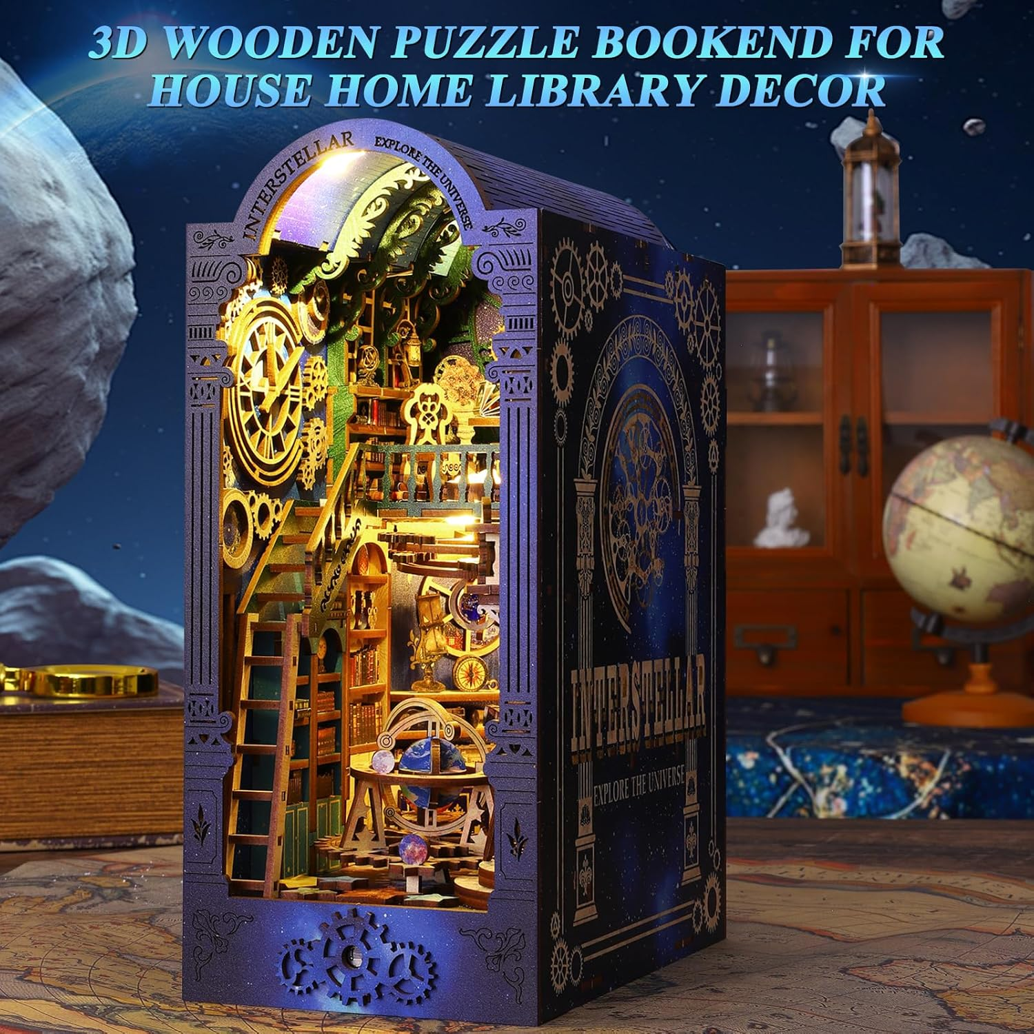 Spobot DIY Book Nook Kit Dollhouse Magic Booknook Bookshelf Insert Decor 3D Wooden Puzzle Bookend Miniature Kit with Sensor Light Creative Craft/Home Decoration for Adult (Interstellar Exploration)
