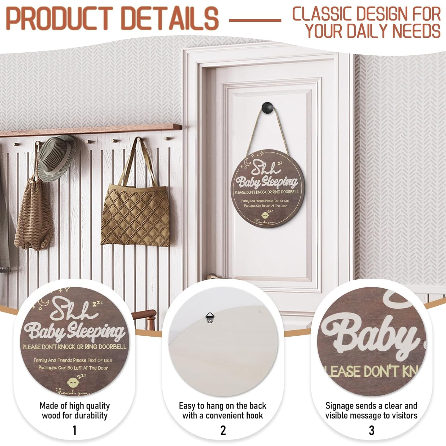 Wooden Shh Baby Sleeping Sign for Front Door, Hanging Do Not Knock or Ring Doorbell Sign with Rope, Rustic Front Porch Decorations Outdoor for Home Bedroom Nursery Wall (Brown) image number 1