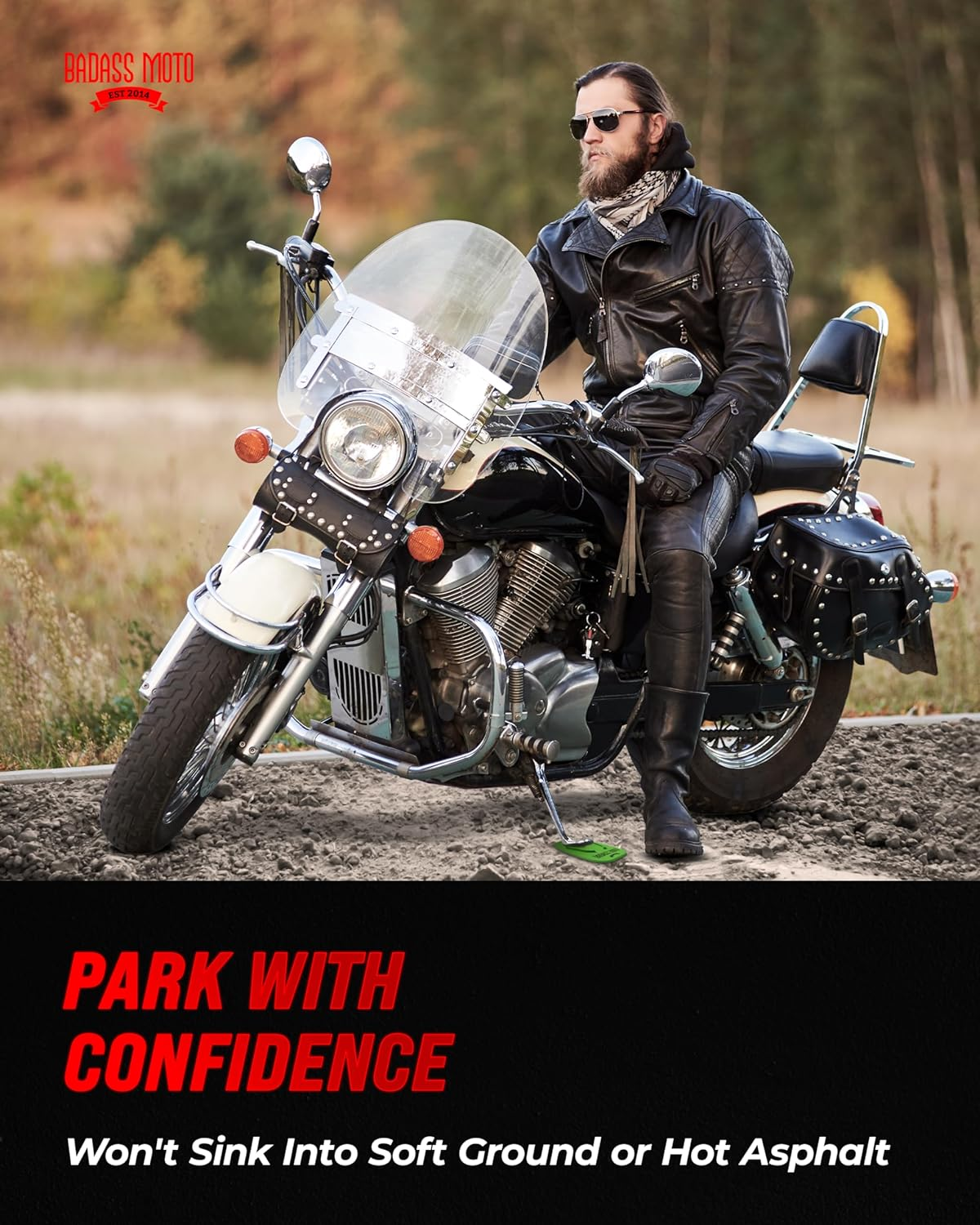 Badass Moto Gear Motorcycle Kickstand Pad - Green - American Made in USA. Durable Biker Kick Stand Coaster/Support Plate Color Choices. Rest or Park Your Bike on Hot Pavement Grass Soft Ground image number 4