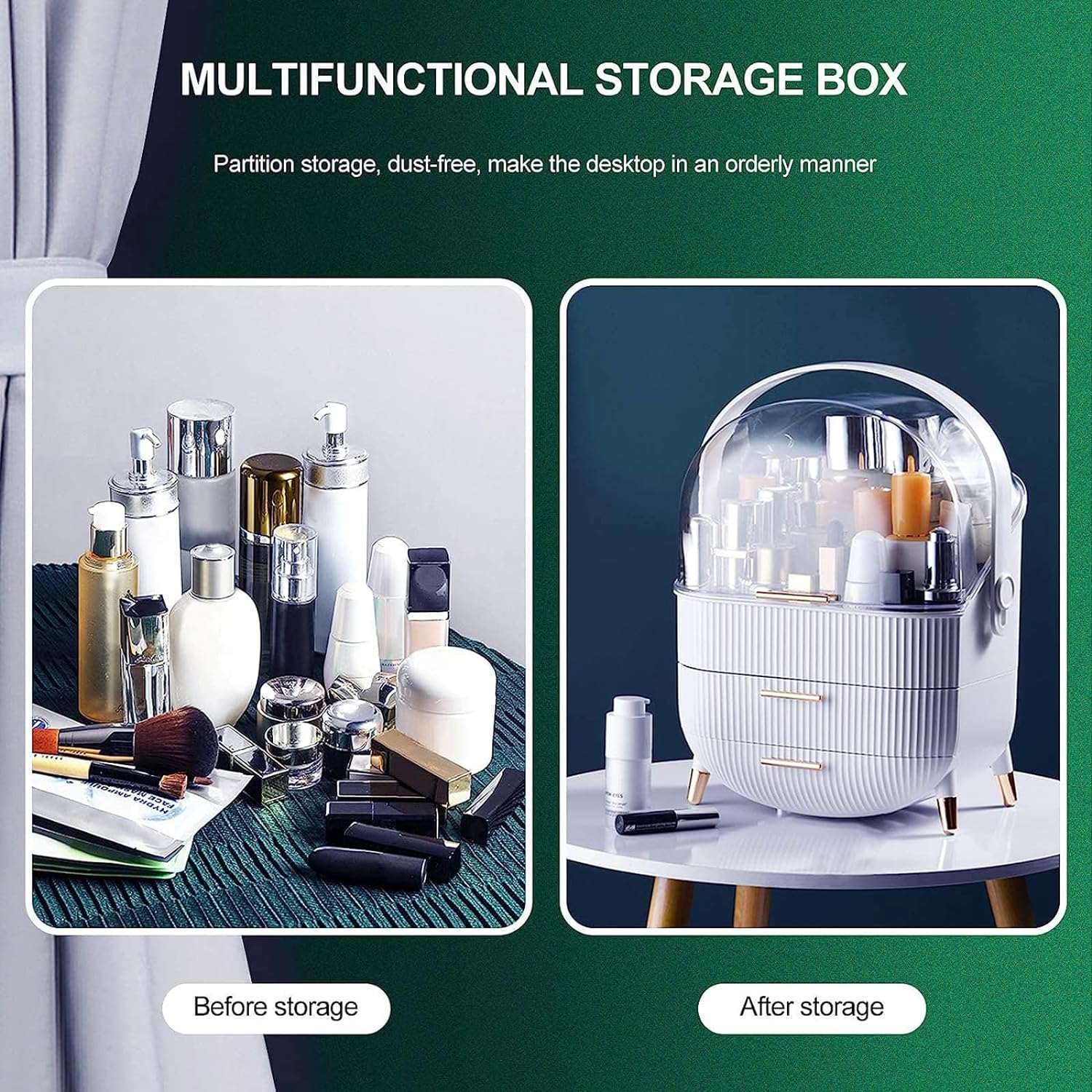 Uandhome Makeup Storage Organizer, Waterproof Cosmetics Display Case Dustproof Makeup Storage, Box Portable Handle Skincare Holder for Bedroom Vanity Desk Bathroom Desktop image number 5