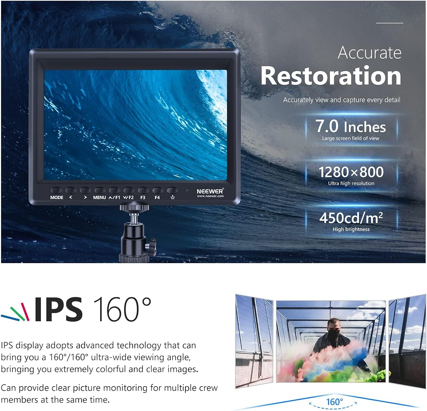 NEEWER F100 7Inch Camera Field Monitor, 450Nit HD Video Assist IPS 1280X800 HDMI Input 1080P with Peak Focus, Histogram, Sunshade for Dslrs, Handheld Stabilizer, Film Video Making Rig (NO Battery) image number 6