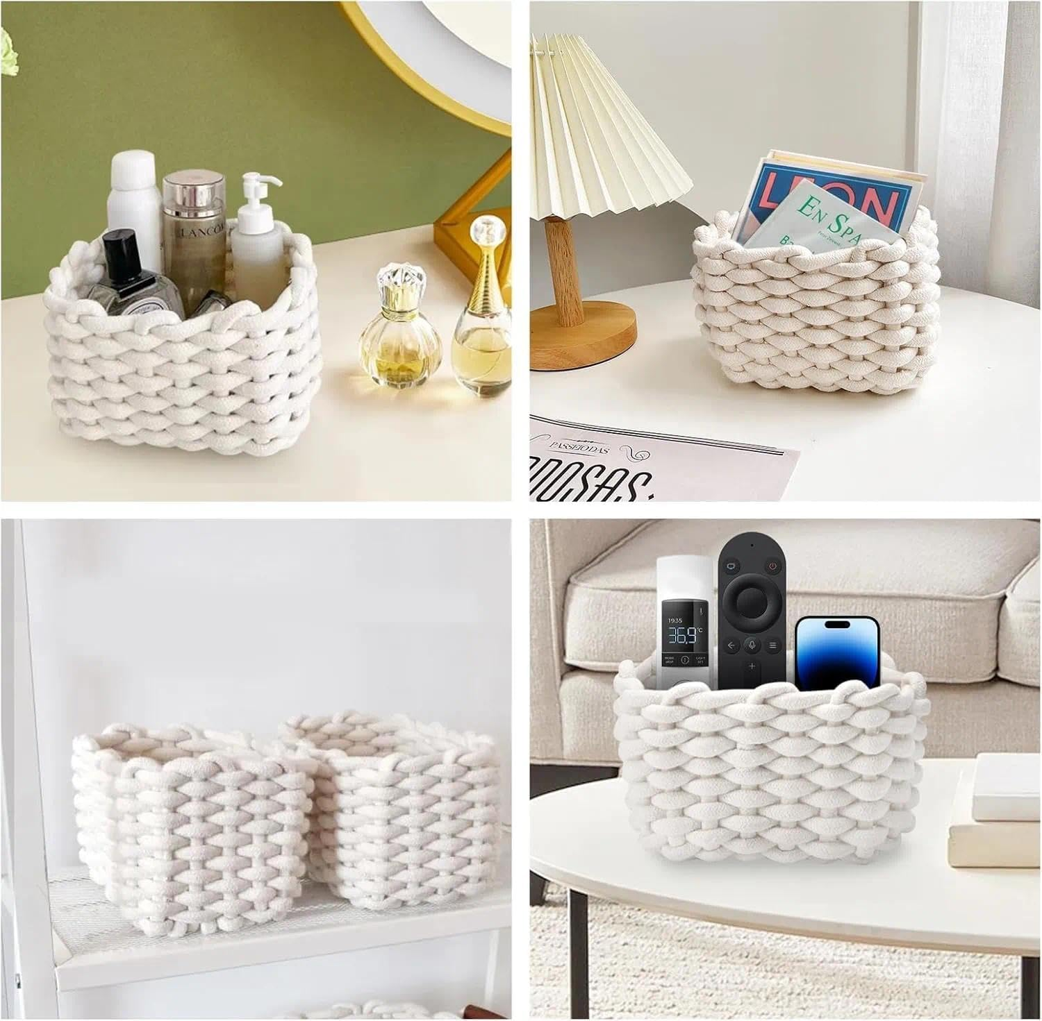 Set of 2 Braided Cotton Knitting Baskets, Small Square White Storage Baskets for Bathroom, Make-Up, Toys, Socks image number 3