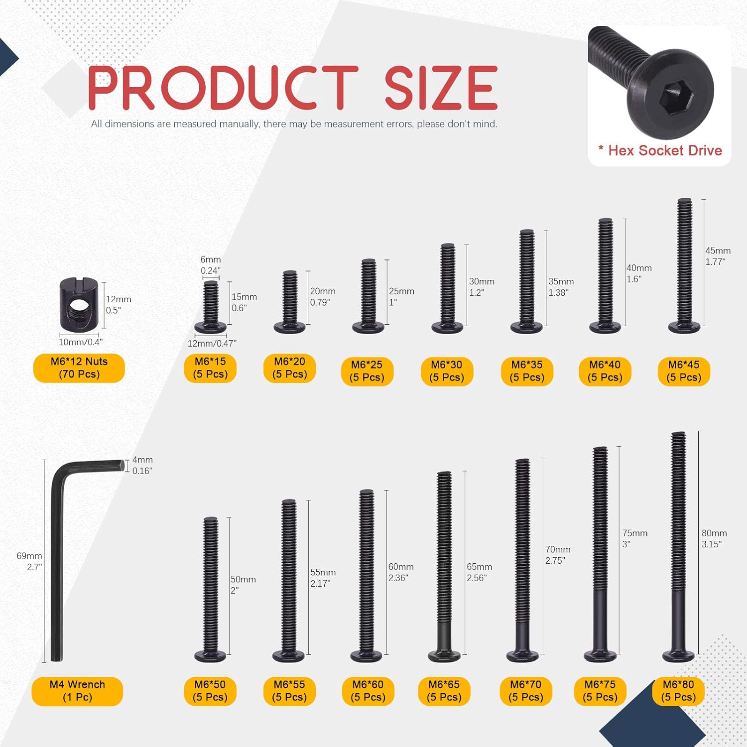 Hilitchi M6 Black Hex Socket Head Screws Bolts Barrel Nuts Hardware Assortment Kit for Crib Baby Bed Furniture Cots and Chair (Assortment Kit-140Pcs) image number 6